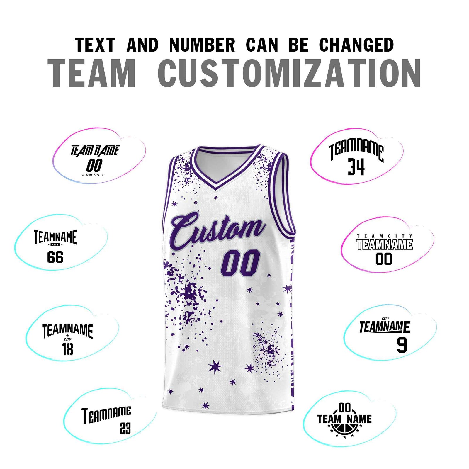 Custom White Purple Vice Burst Galactic Graffiti Moisture-Wicking Basketball Jersey