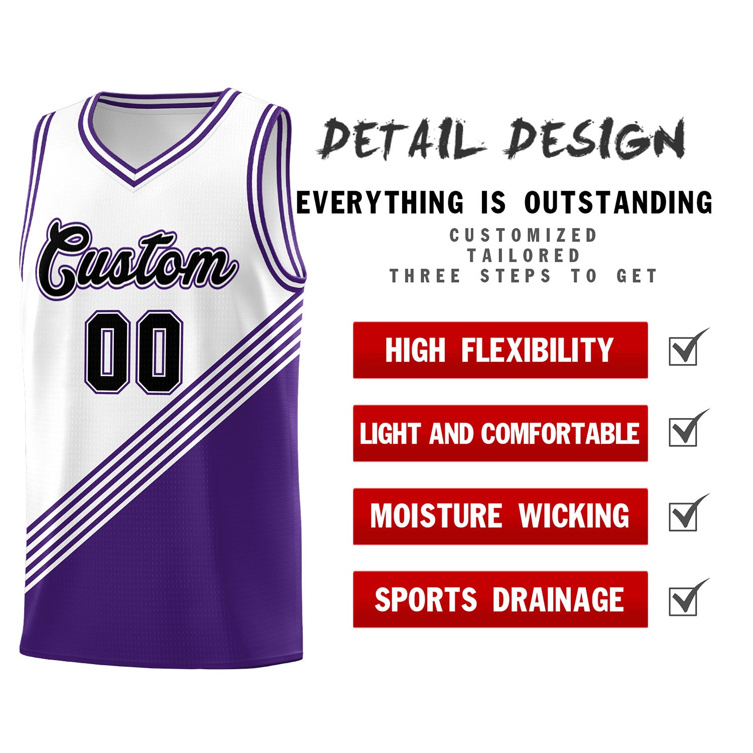 Custom White Purple Diagonal Stripes Color Block Sets Basketball Jersey | For Men,For Youth,Sublimation Printed,Perfect for Training,Perfect for Teams | KXKSHOP