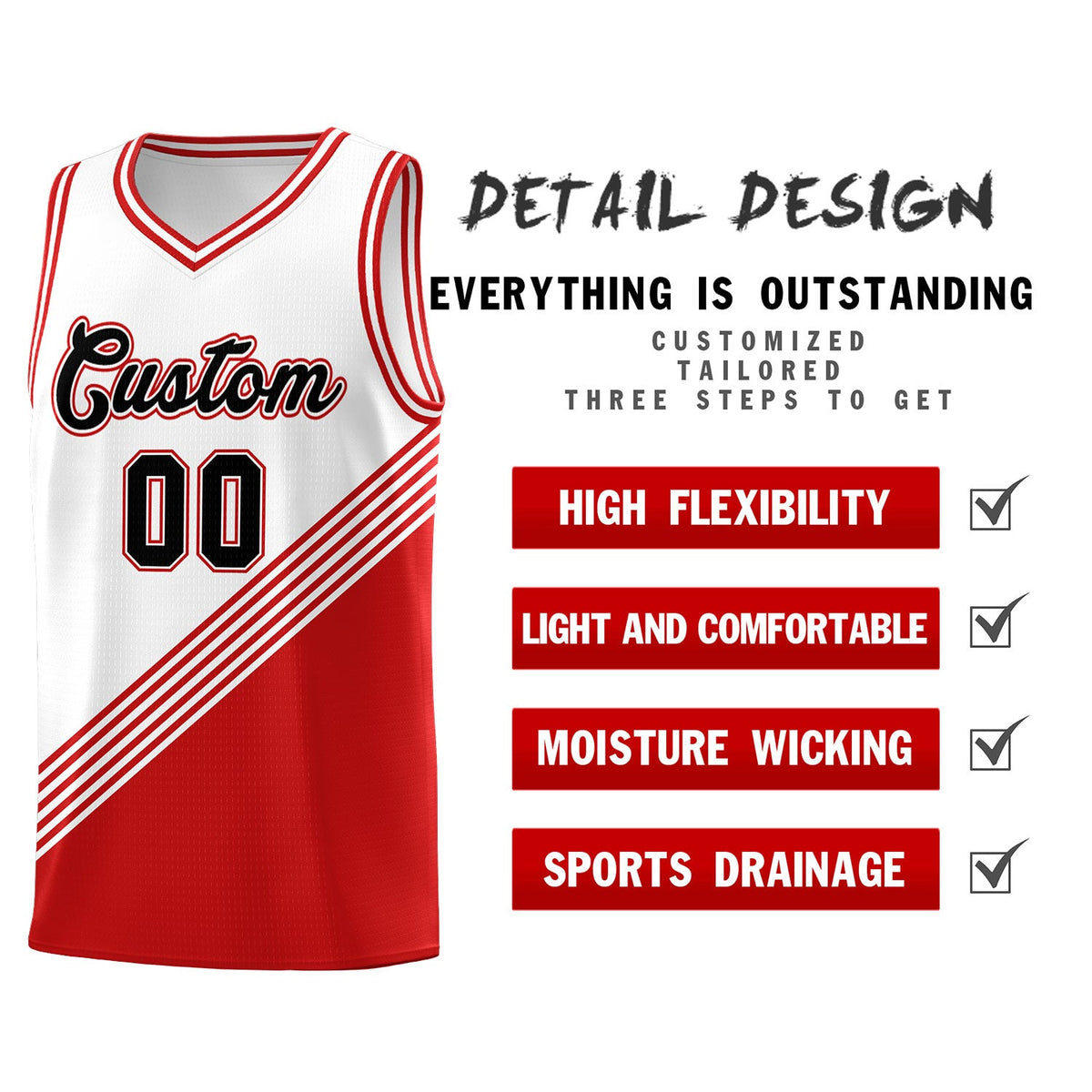 Custom White Red Diagonal Stripes Color Block Sets Basketball Jersey | For Men,For Youth,Sublimation Printed,Perfect for Training,Perfect for Teams | KXKSHOP