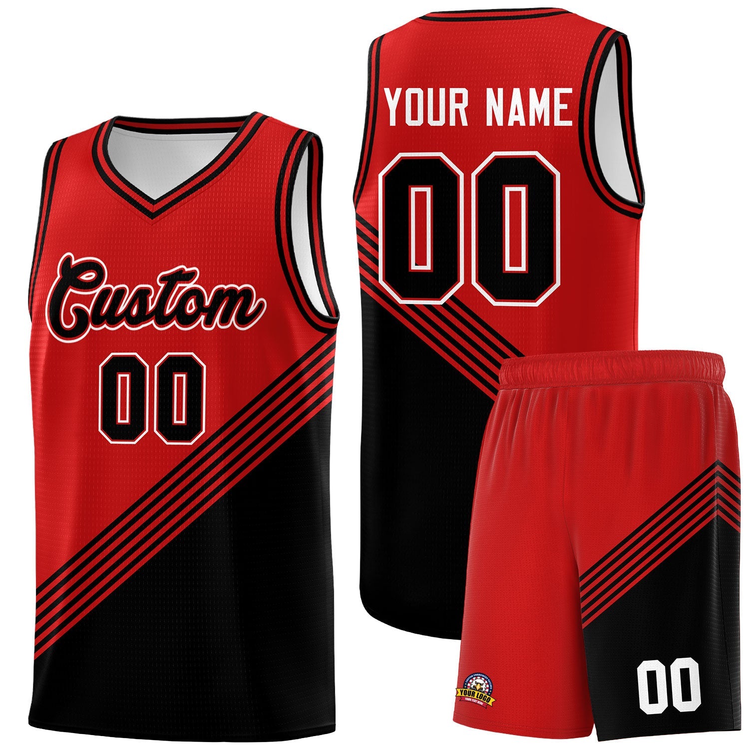 Custom Red Black Diagonal Stripes Color Block Sets Basketball Jersey | For Men,For Youth,Sublimation Printed,Perfect for Training,Perfect for Teams | KXKSHOP