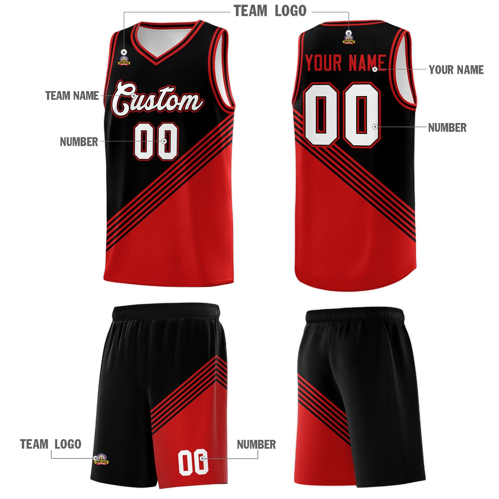 Custom Black Red Diagonal Stripes Color Block Sets Basketball Jersey | For Men,For Youth,Sublimation Printed,Perfect for Training,Perfect for Teams | KXKSHOP