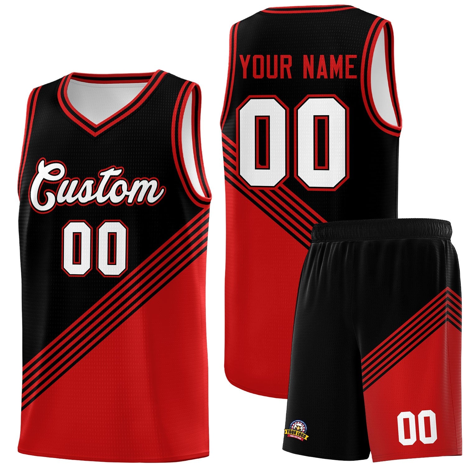 Custom Black Red Diagonal Stripes Color Block Sets Basketball Jersey | For Men,For Youth,Sublimation Printed,Perfect for Training,Perfect for Teams | KXKSHOP