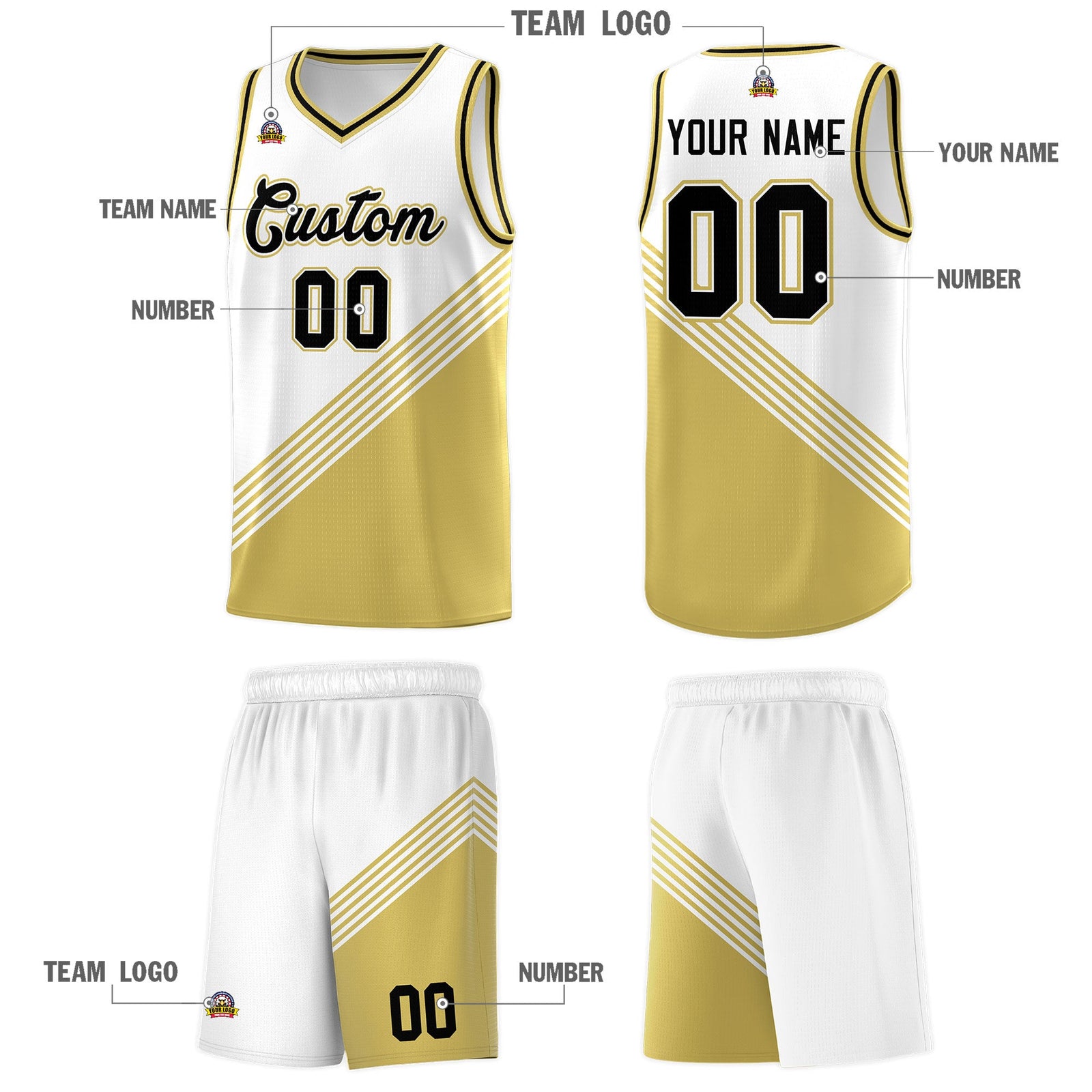 Custom White Old Gold Black Diagonal Stripes Color Block Sets Basketball Jersey | For Men,For Youth,Sublimation Printed,Perfect for Training,Perfect for Teams | KXKSHOP