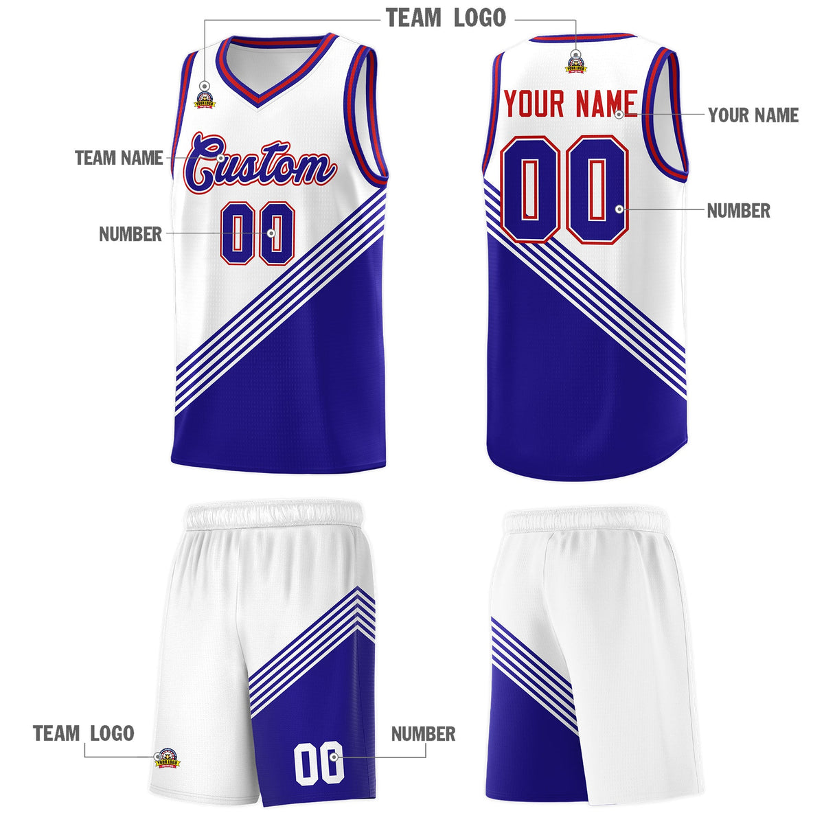 Custom White Royal Blue Red Diagonal Stripes Color Block Sets Basketball Jersey | For Men,For Youth,Sublimation Printed,Perfect for Training,Perfect for Teams | KXKSHOP