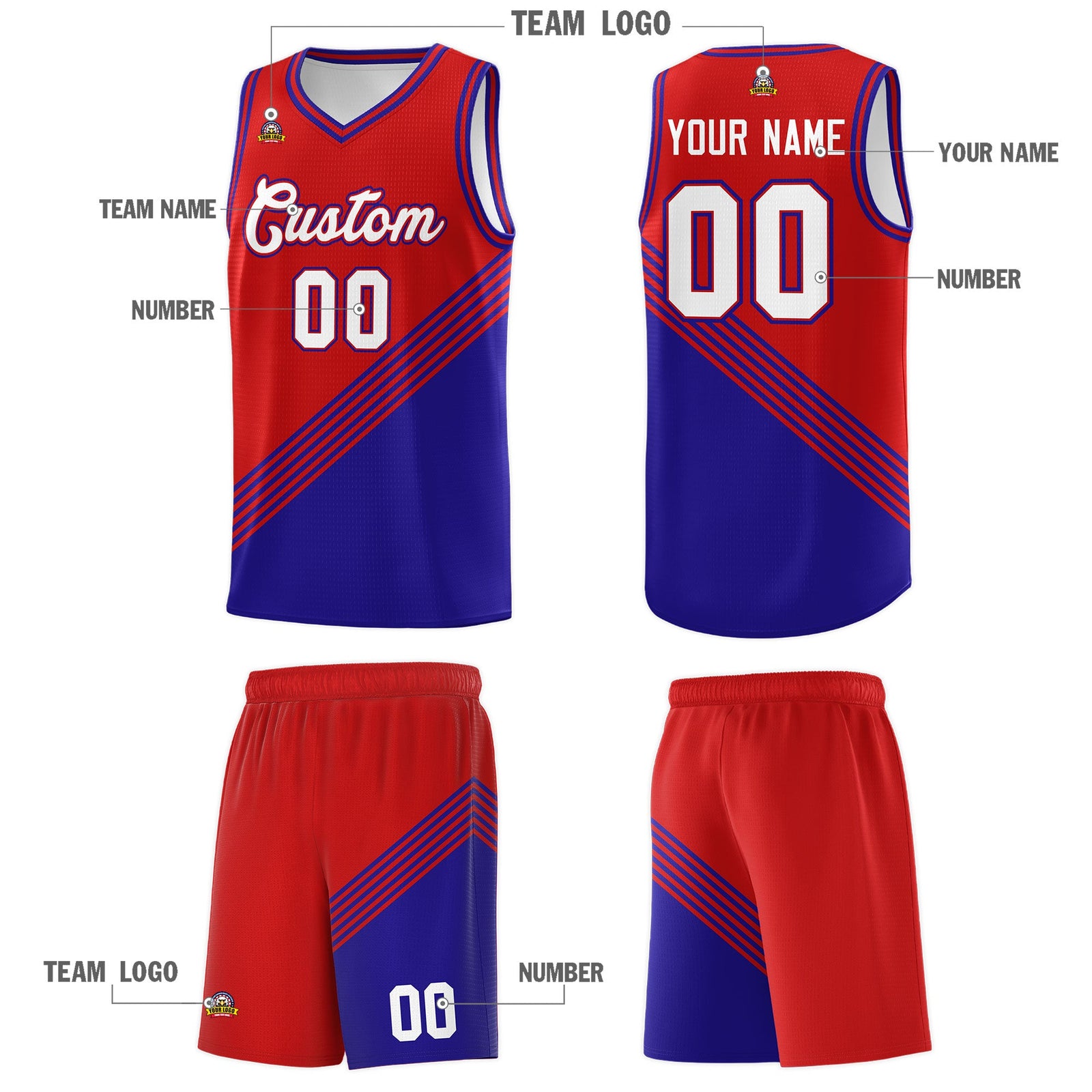 Custom Red Royal Blue Diagonal Stripes Color Block Sets Basketball Jersey | For Men,For Youth,Sublimation Printed,Perfect for Training,Perfect for Teams | KXKSHOP
