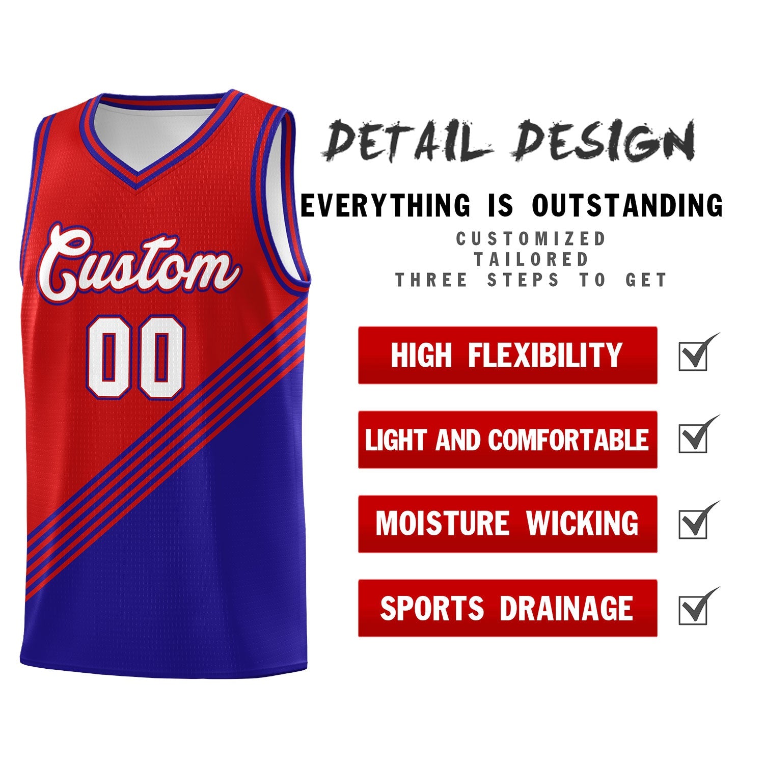 Custom Red Royal Blue Diagonal Stripes Color Block Sets Basketball Jersey | For Men,For Youth,Sublimation Printed,Perfect for Training,Perfect for Teams | KXKSHOP