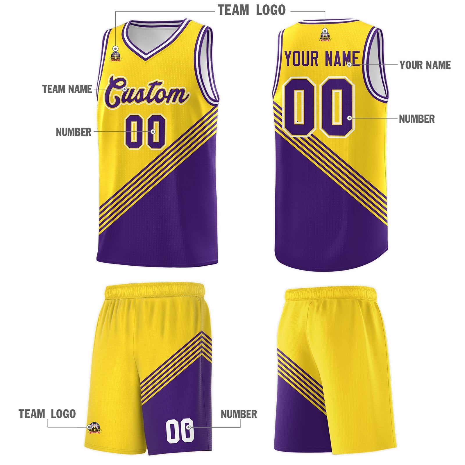 Custom Gold Purple White Diagonal Stripes Color Block Sets Basketball Jersey | For Men,For Youth,Sublimation Printed,Perfect for Training,Perfect for Teams | KXKSHOP