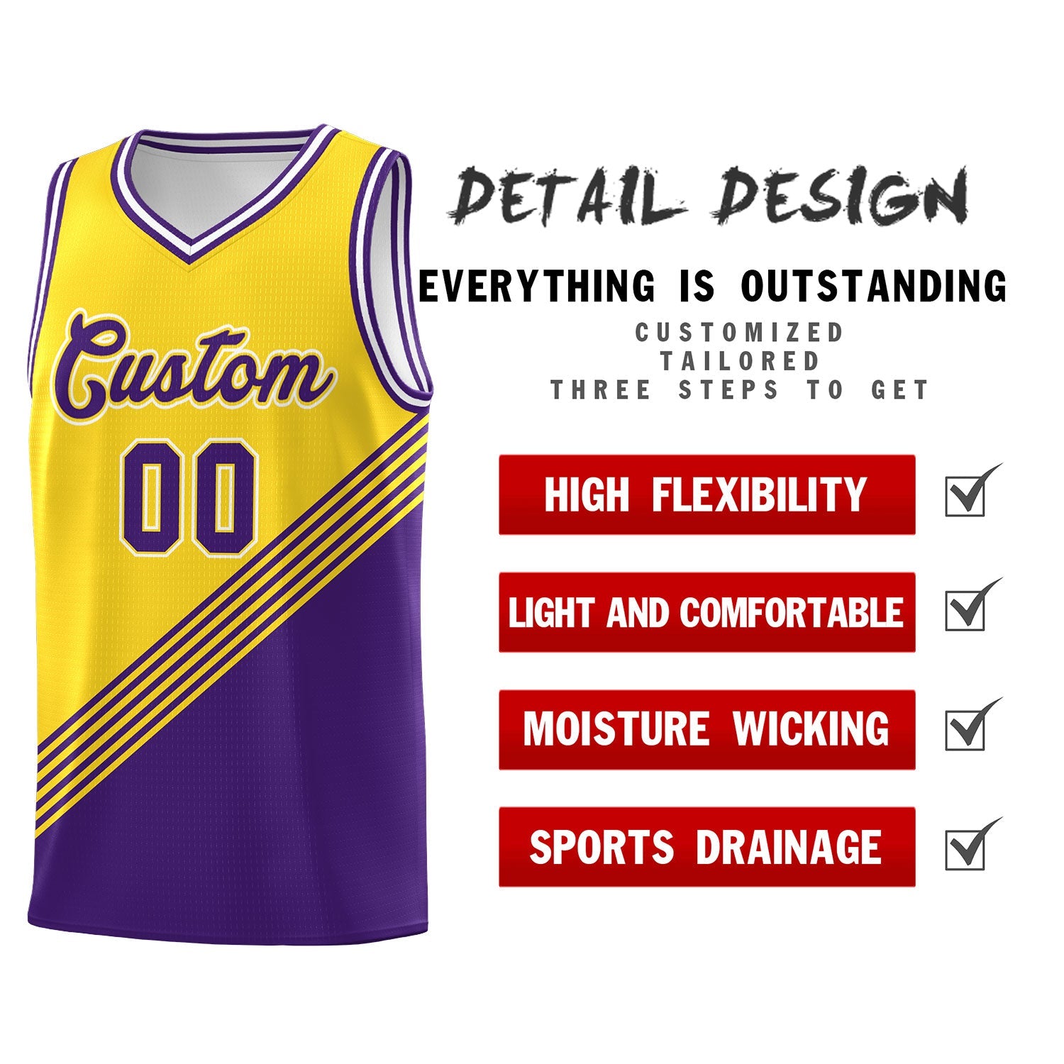 Custom Gold Purple White Diagonal Stripes Color Block Sets Basketball Jersey | For Men,For Youth,Sublimation Printed,Perfect for Training,Perfect for Teams | KXKSHOP