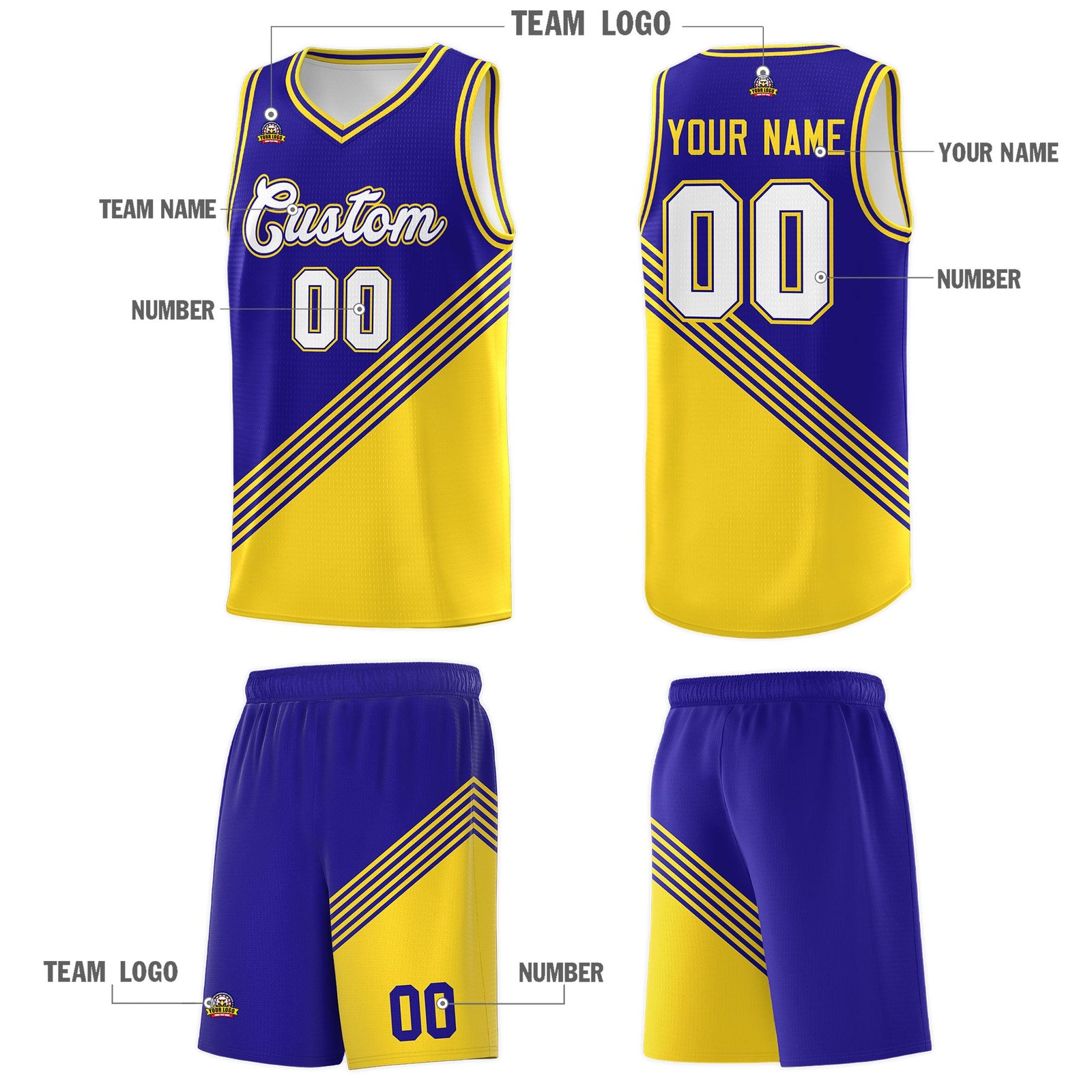Custom Royal Blue Gold Diagonal Stripes Color Block Sets Basketball Jersey | For Men,For Youth,Sublimation Printed,Perfect for Training,Perfect for Teams | KXKSHOP