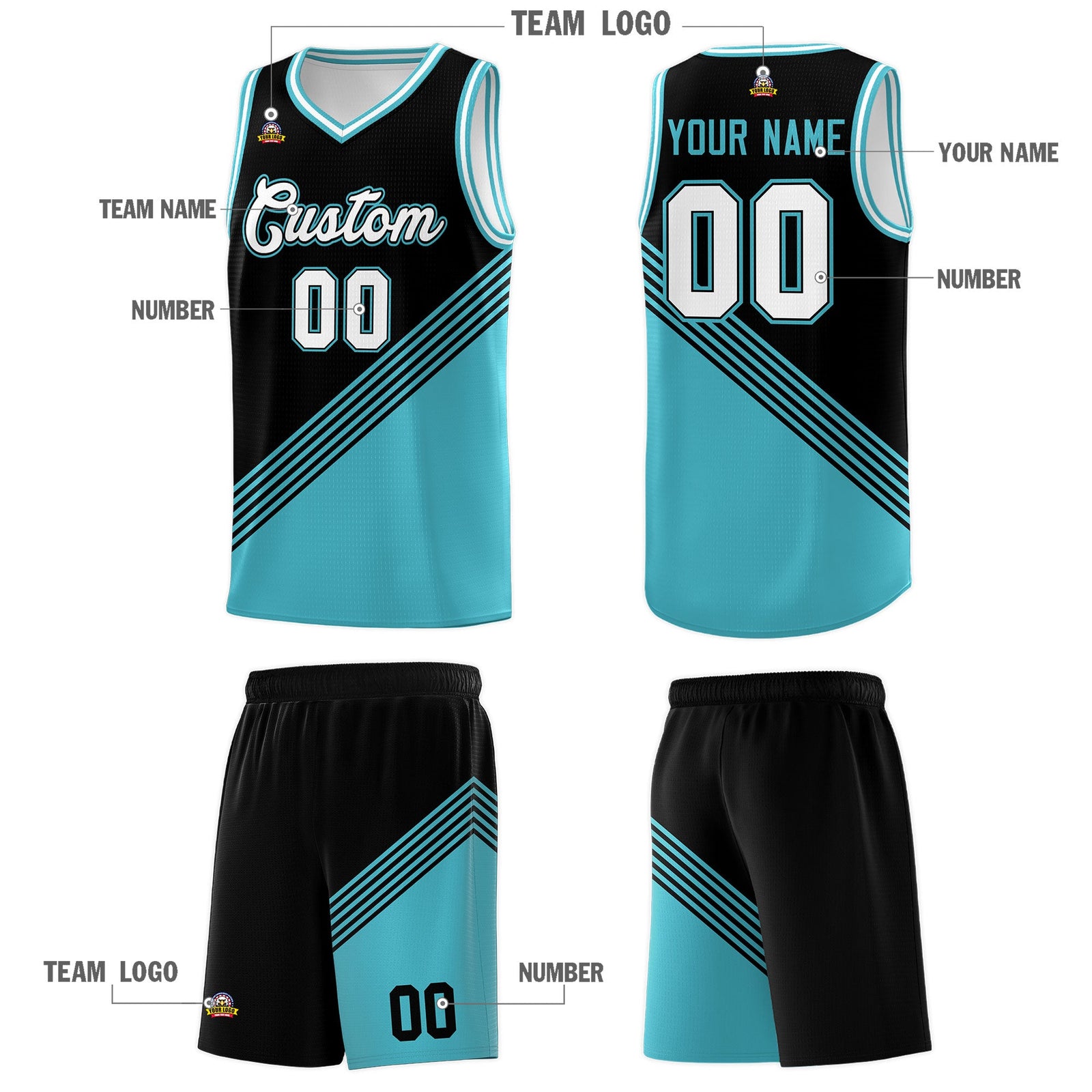 Custom Black Sky Blue White Diagonal Stripes Color Block Sets Basketball Jersey | For Men,For Youth,Sublimation Printed,Perfect for Training,Perfect for Teams | KXKSHOP