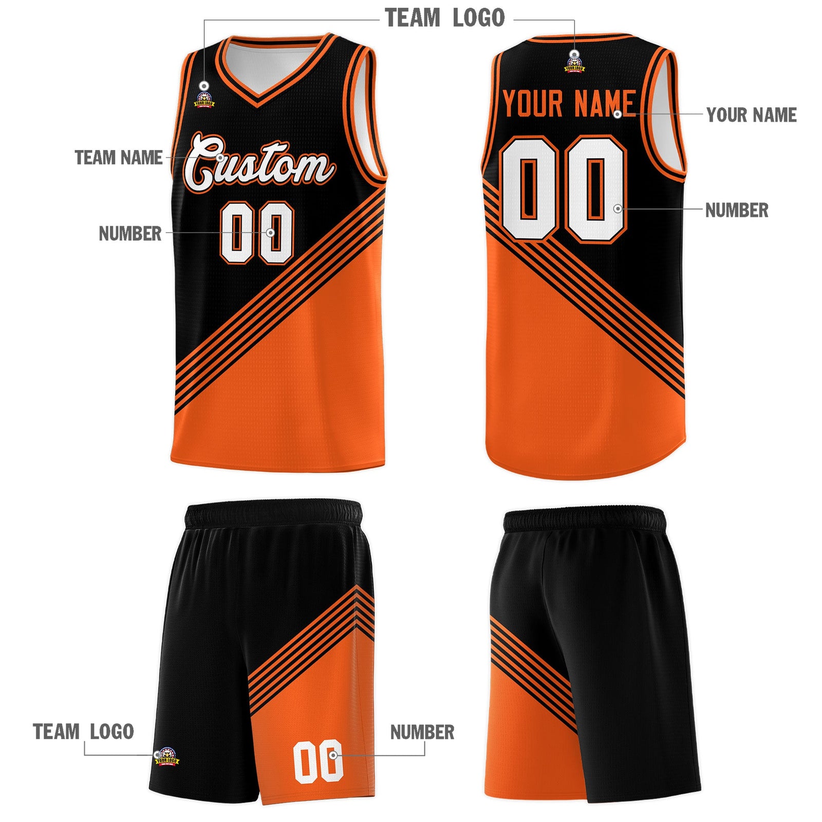 Custom Black Orange Diagonal Stripes Color Block Sets Basketball Jersey | For Men,For Youth,Sublimation Printed,Perfect for Training,Perfect for Teams | KXKSHOP