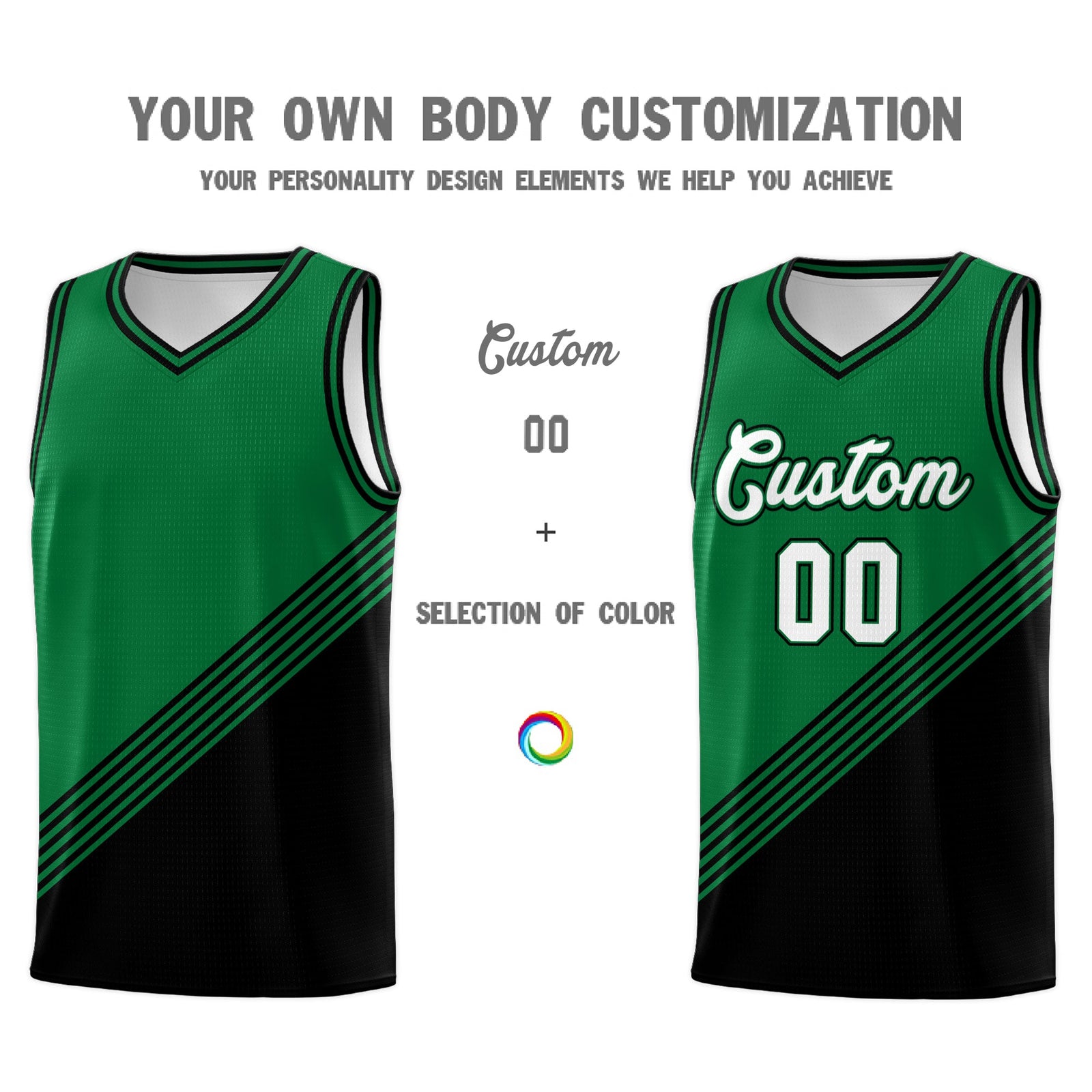 Custom Kelly Green Black Diagonal Stripes Color Block Sets Basketball Jersey | For Men,For Youth,Sublimation Printed,Perfect for Training,Perfect for Teams | KXKSHOP