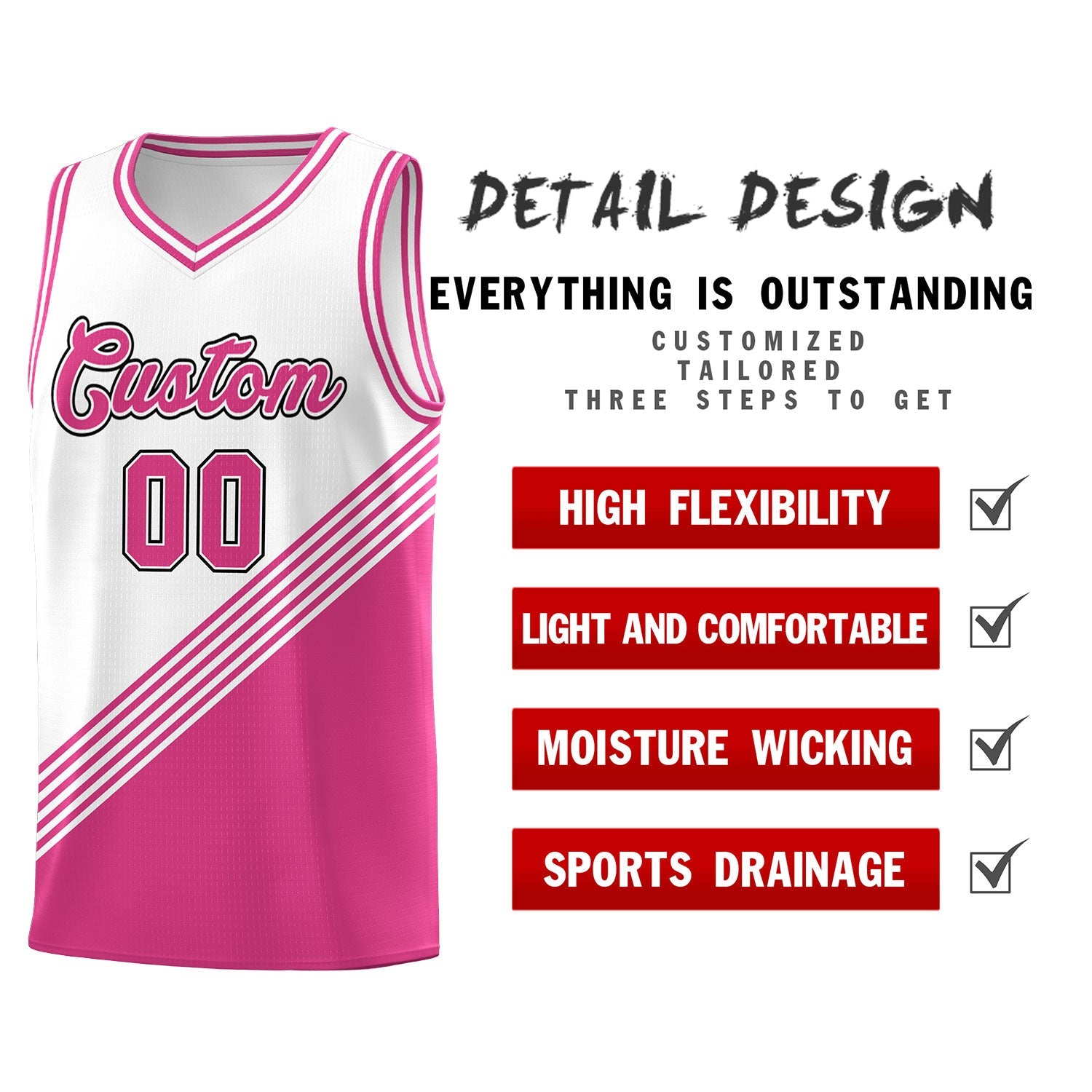 Custom White Pink Diagonal Stripes Color Block Sets Basketball Jersey | For Men,For Youth,Sublimation Printed,Perfect for Training,Perfect for Teams | KXKSHOP