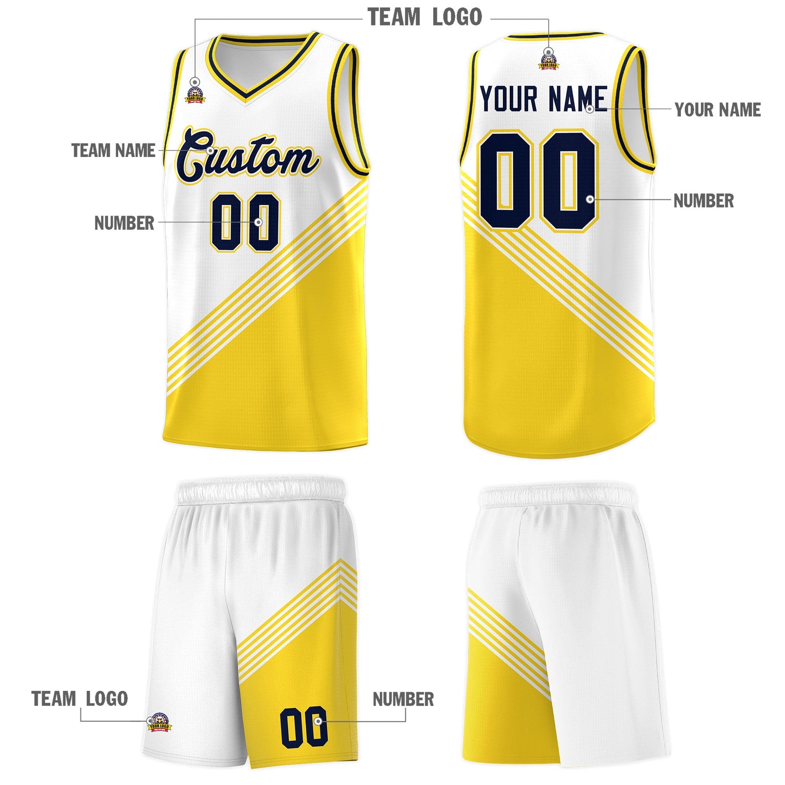 Custom White Gold Navy Diagonal Stripes Color Block Sets Basketball Jersey | For Men,For Youth,Sublimation Printed,Perfect for Training,Perfect for Teams | KXKSHOP