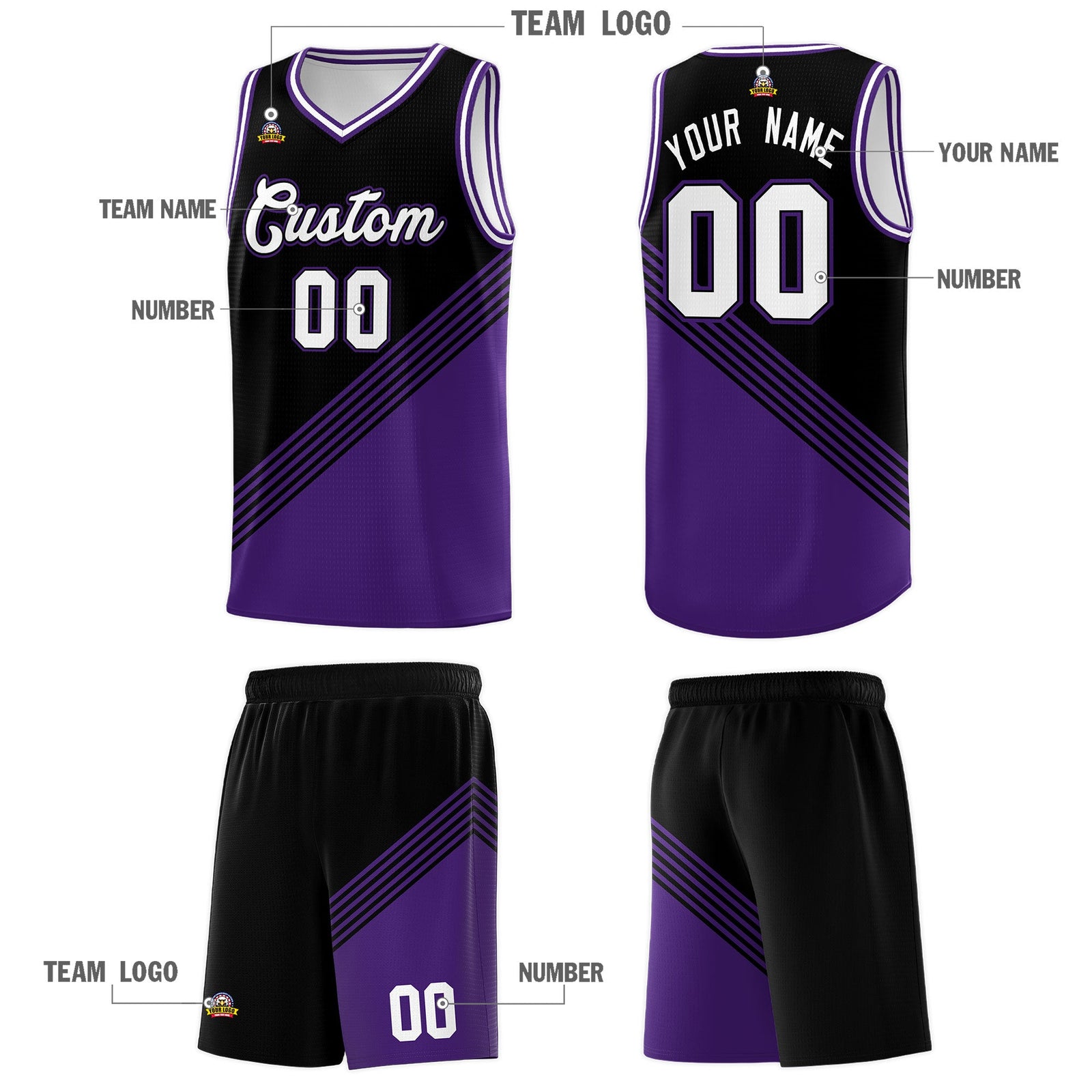 Custom Black Purple White Diagonal Stripes Color Block Sets Basketball Jersey | For Men,For Youth,Sublimation Printed,Perfect for Training,Perfect for Teams | KXKSHOP