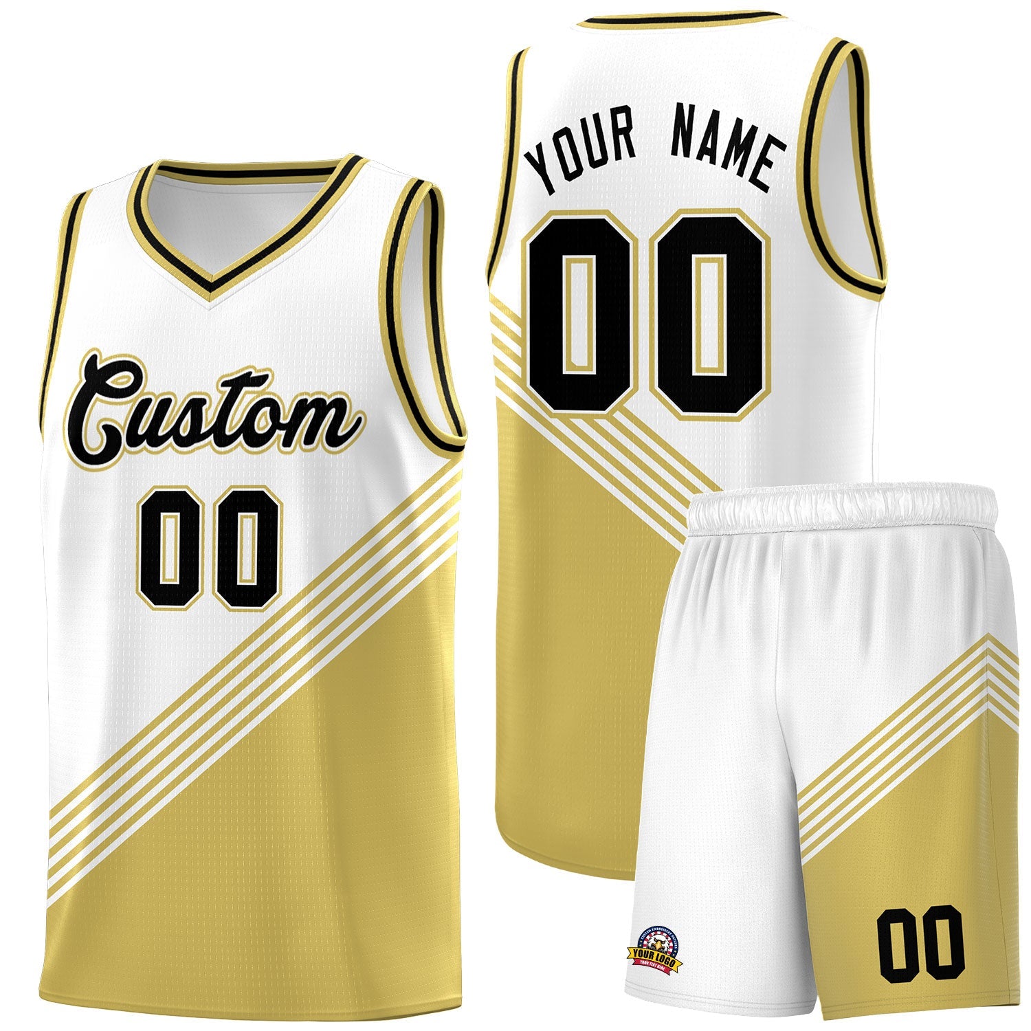 Custom White Old Gold Black Diagonal Stripes Color Block Sets Basketball Jersey | For Men,For Youth,Sublimation Printed,Perfect for Training,Perfect for Teams | KXKSHOP