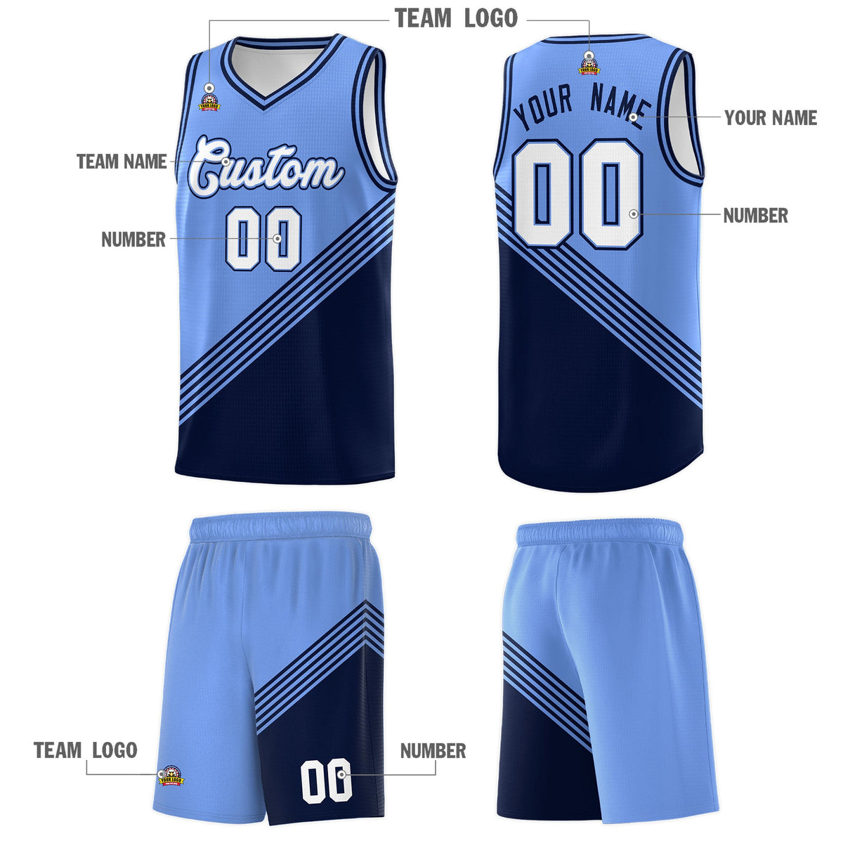 Custom Light Blue Navy Diagonal Stripes Color Block Sets Basketball Jersey | For Men,For Youth,Sublimation Printed,Perfect for Training,Perfect for Teams | KXKSHOP