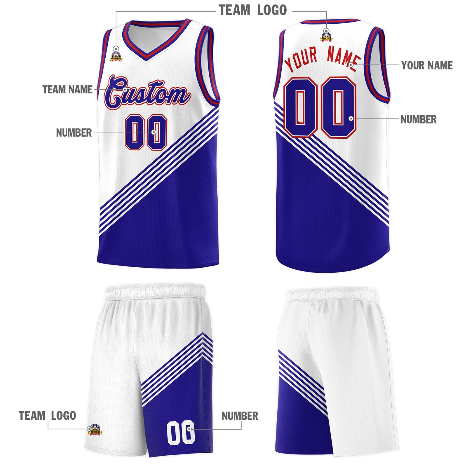 Custom White Royal Blue Red Diagonal Stripes Color Block Sets Basketball Jersey | For Men,For Youth,Sublimation Printed,Perfect for Training,Perfect for Teams | KXKSHOP