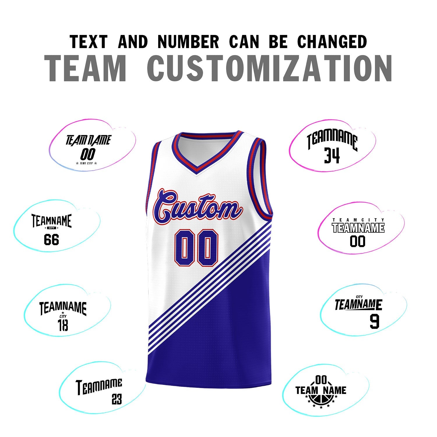 Custom White Royal Blue Red Diagonal Stripes Color Block Sets Basketball Jersey | For Men,For Youth,Sublimation Printed,Perfect for Training,Perfect for Teams | KXKSHOP