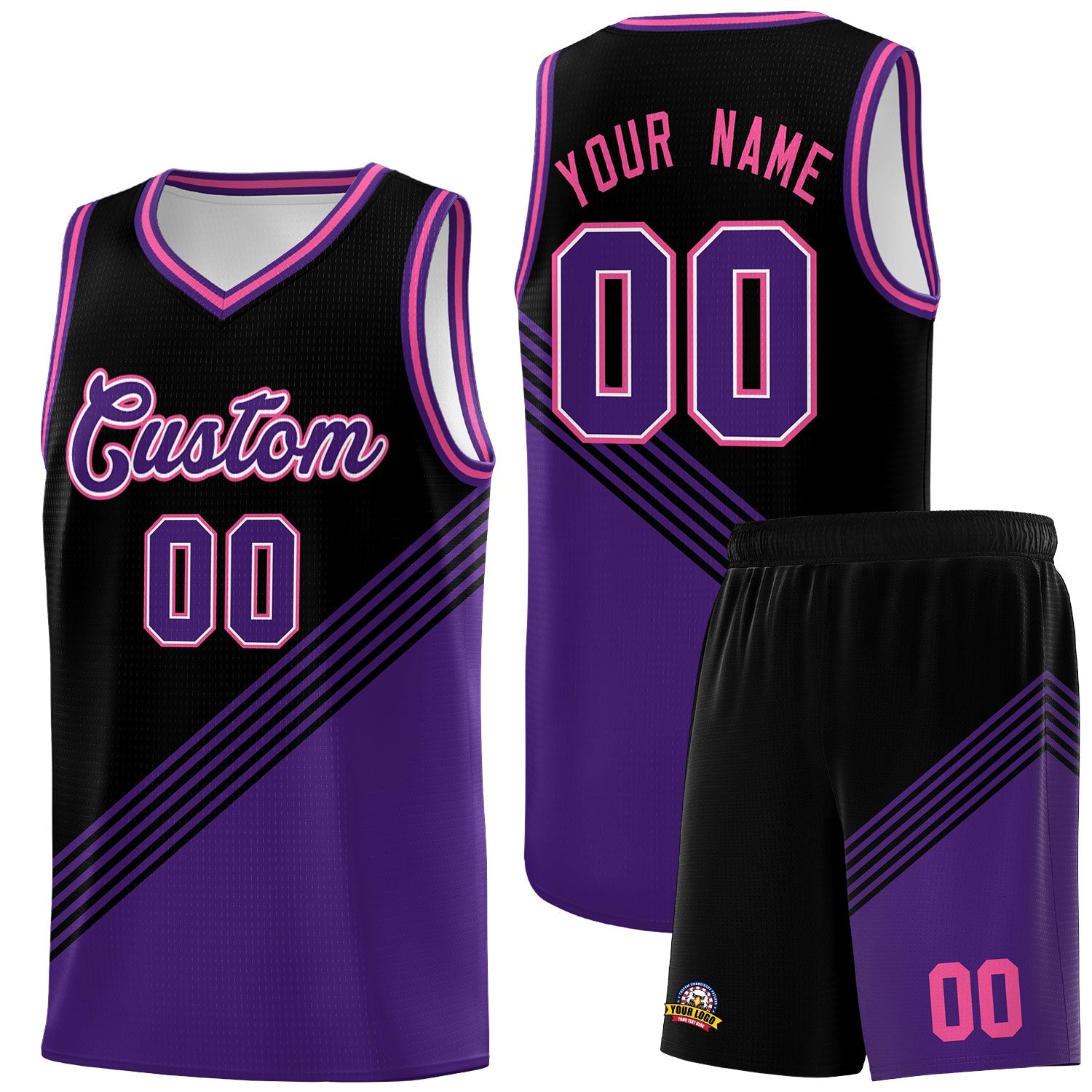 Custom Black Purple Pink Diagonal Stripes Color Block Sets Basketball Jersey | For Men,For Youth,Sublimation Printed,Perfect for Training,Perfect for Teams | KXKSHOP