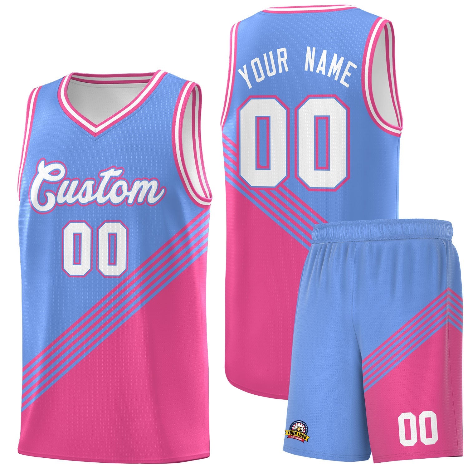 Custom Light Blue Pink White Diagonal Stripes Color Block Sets Basketball Jersey | For Men,For Youth,Sublimation Printed,Perfect for Training,Perfect for Teams | KXKSHOP