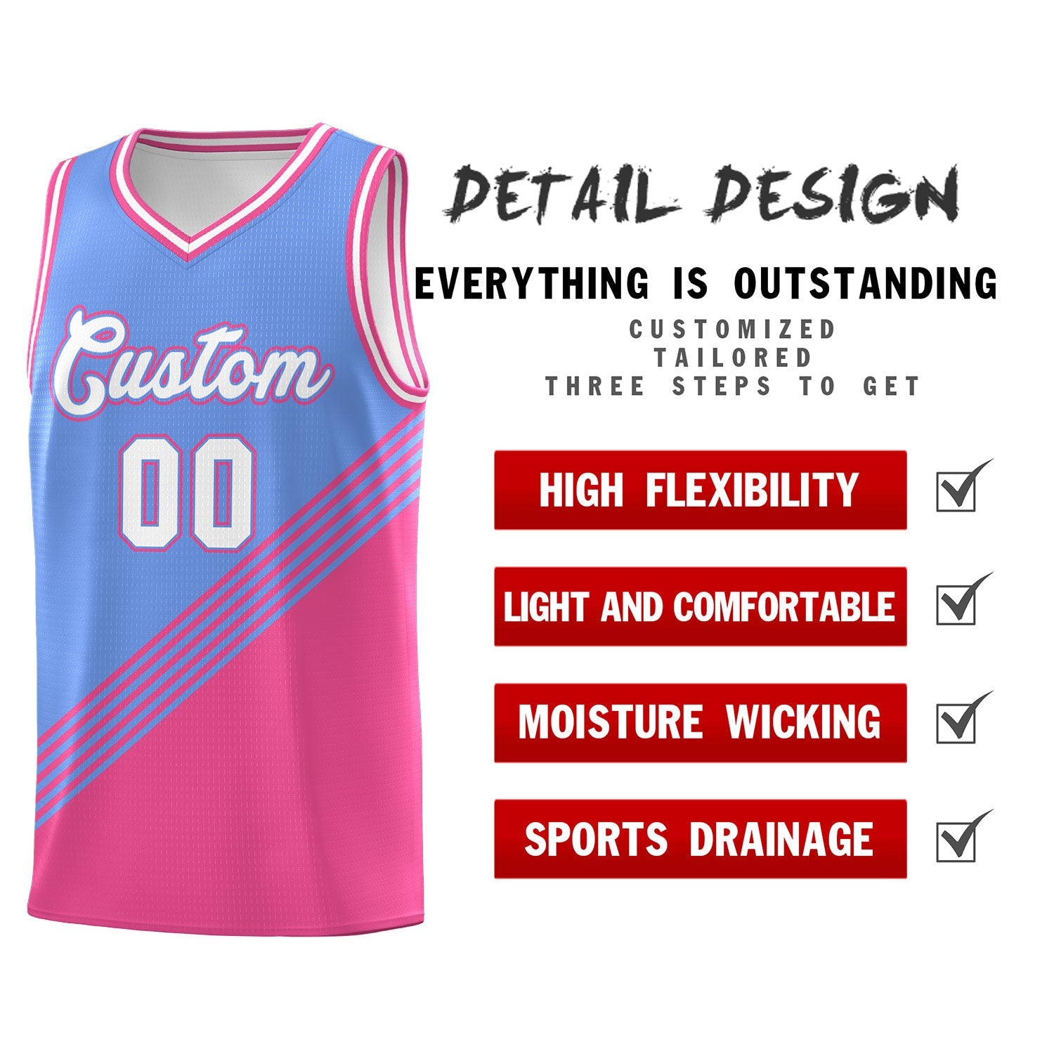 Custom Light Blue Pink White Diagonal Stripes Color Block Sets Basketball Jersey | For Men,For Youth,Sublimation Printed,Perfect for Training,Perfect for Teams | KXKSHOP
