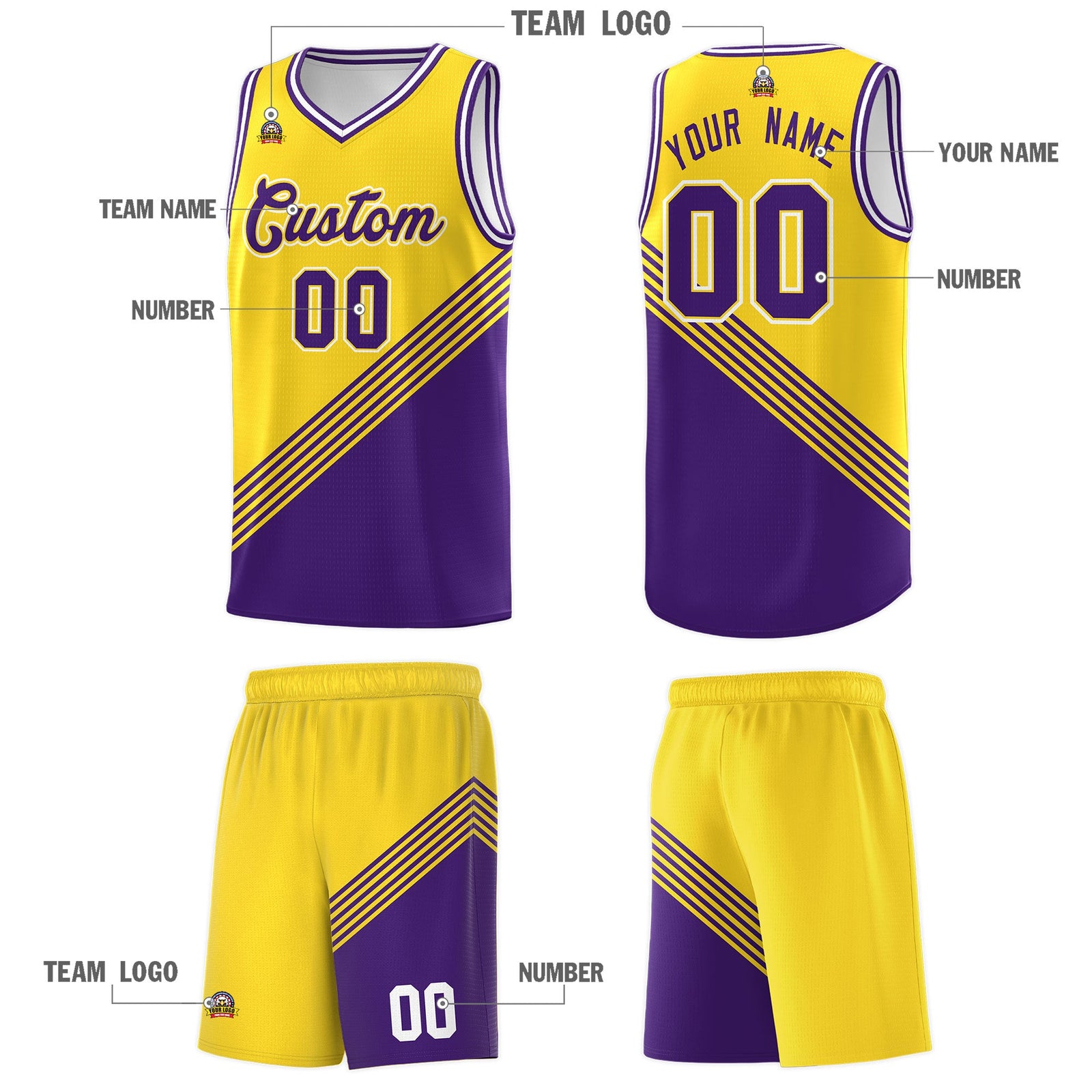 Custom Gold Purple White Diagonal Stripes Color Block Sets Basketball Jersey | For Men,For Youth,Sublimation Printed,Perfect for Training,Perfect for Teams | KXKSHOP