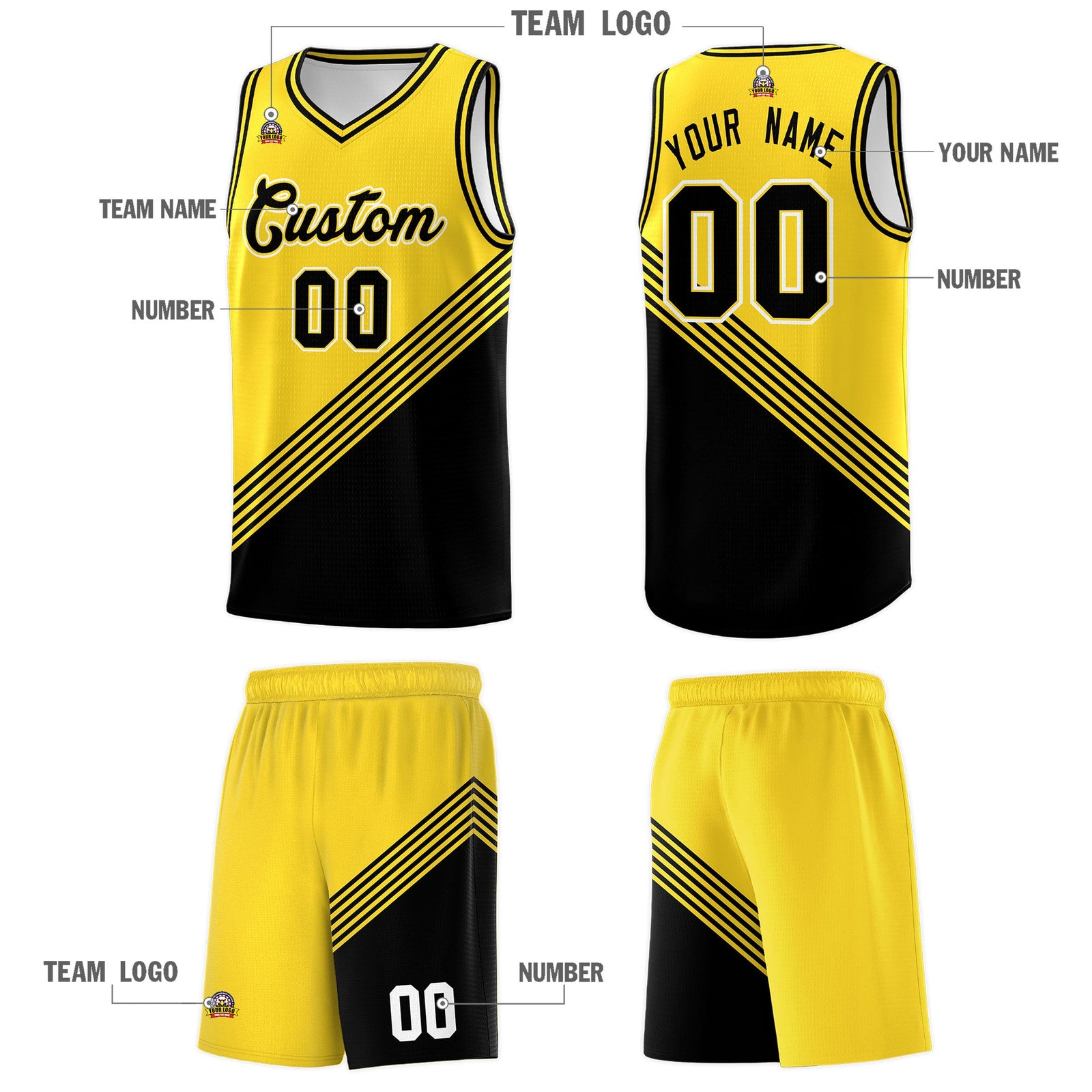Custom Gold Black Diagonal Stripes Color Block Sets Basketball Jersey | For Men,For Youth,Sublimation Printed,Perfect for Training,Perfect for Teams | KXKSHOP