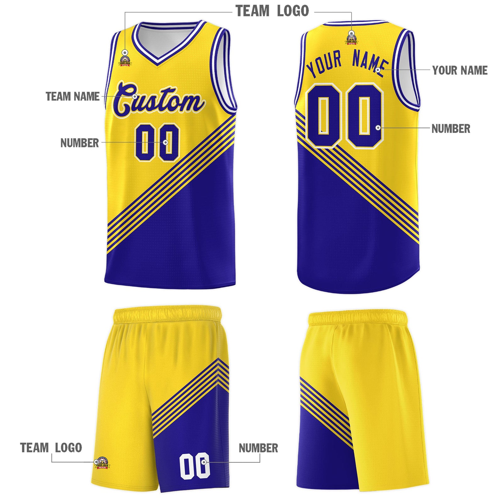 Custom Gold Royal Blue White Diagonal Stripes Color Block Sets Basketball Jersey | For Men,For Youth,Sublimation Printed,Perfect for Training,Perfect for Teams | KXKSHOP