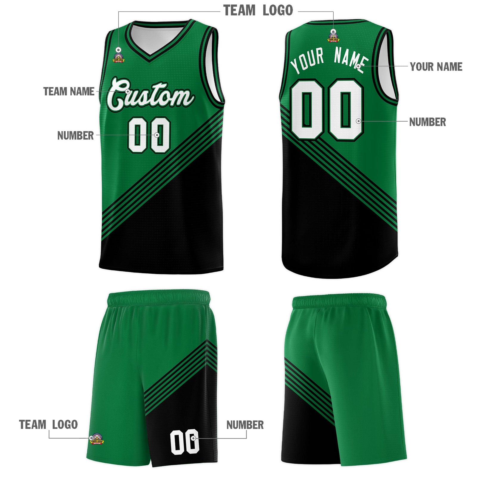 Custom Kelly Green Black Diagonal Stripes Color Block Sets Basketball Jersey | For Men,For Youth,Sublimation Printed,Perfect for Training,Perfect for Teams | KXKSHOP