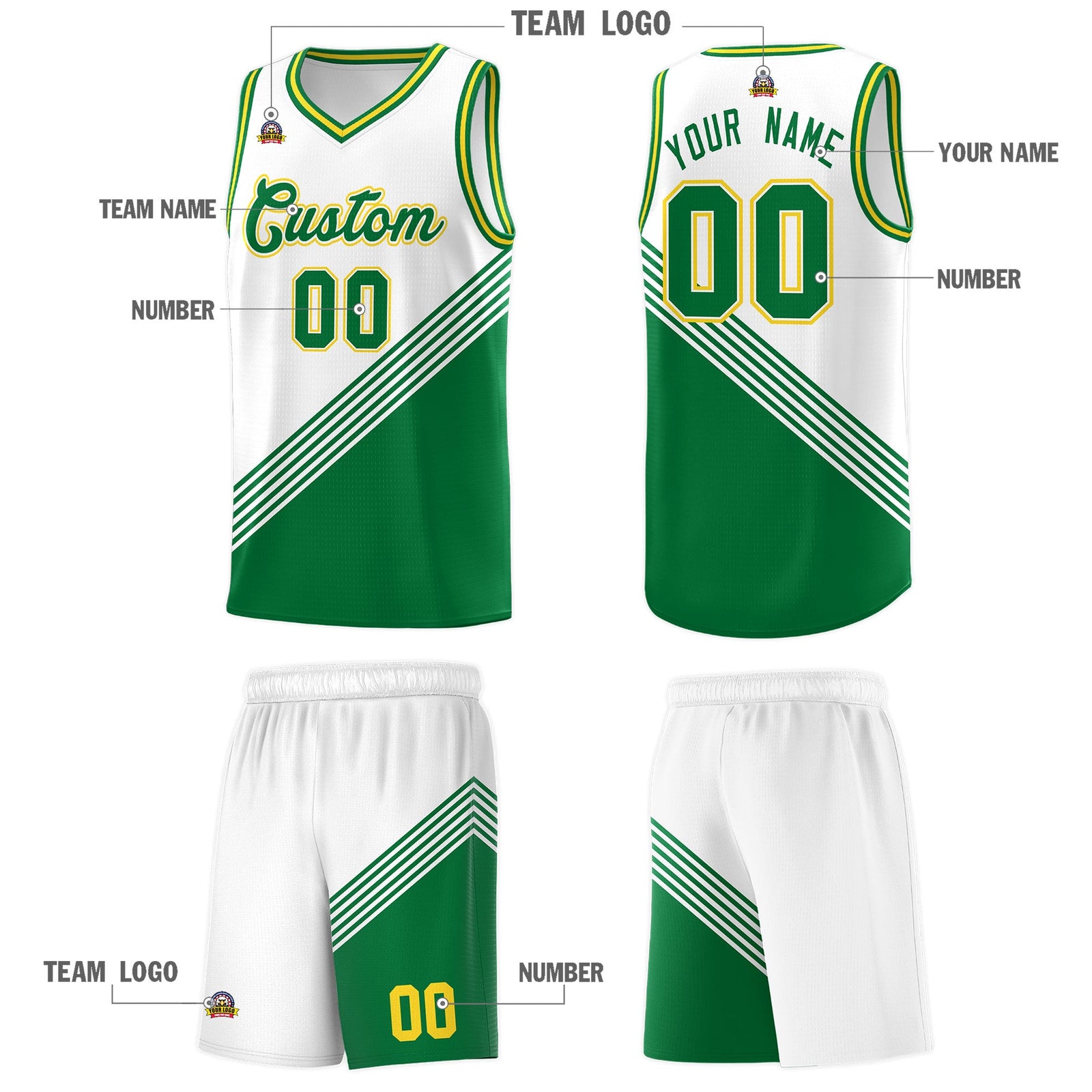 Custom White Kelly Green Gold Diagonal Stripes Color Block Sets Basketball Jersey | For Men,For Youth,Sublimation Printed,Perfect for Training,Perfect for Teams | KXKSHOP