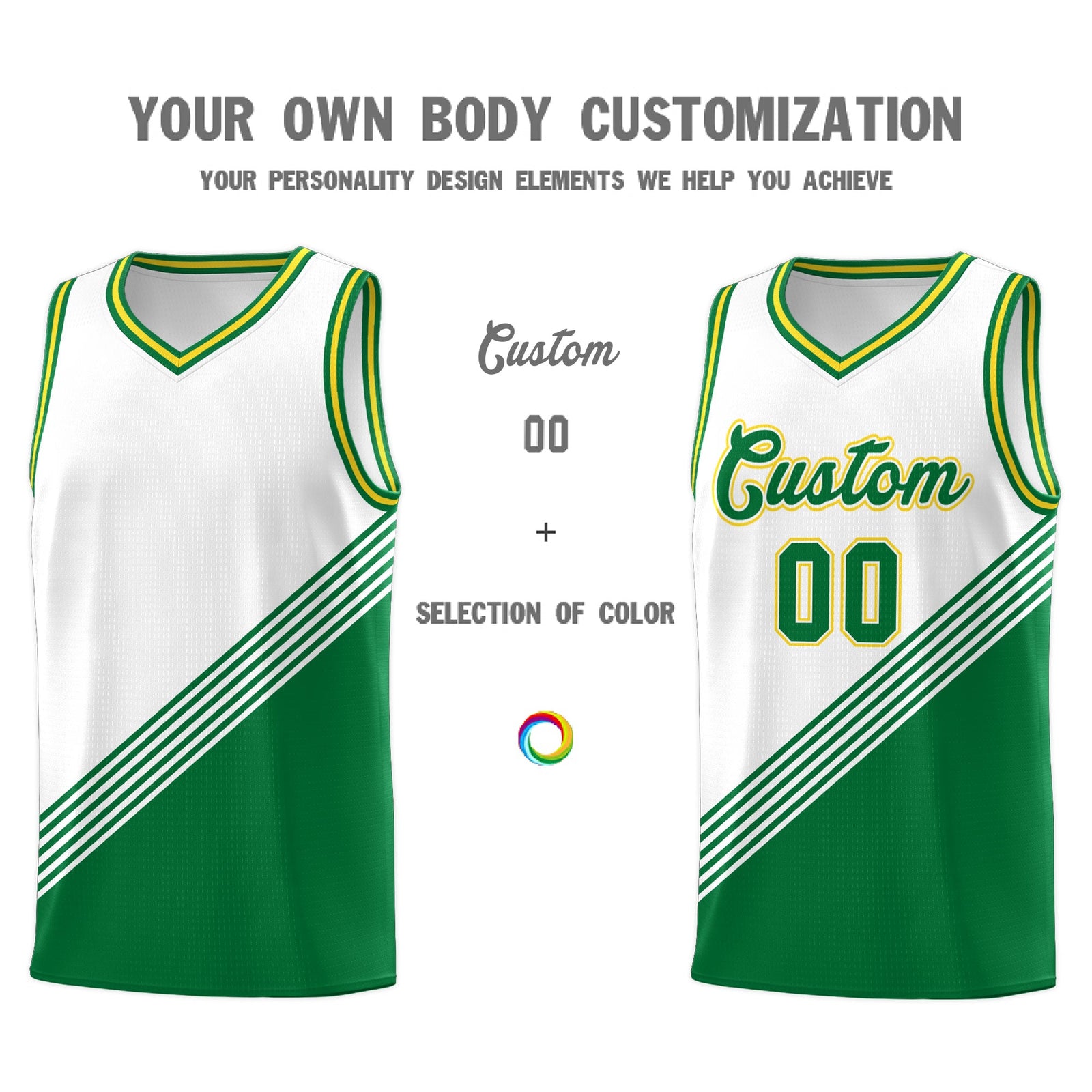 Custom White Kelly Green Gold Diagonal Stripes Color Block Sets Basketball Jersey | For Men,For Youth,Sublimation Printed,Perfect for Training,Perfect for Teams | KXKSHOP