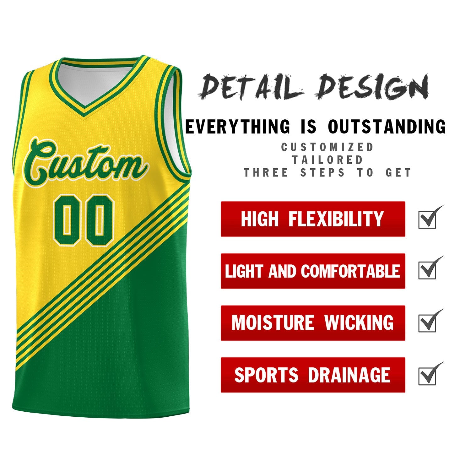 Custom Gold Kelly Green Diagonal Stripes Color Block Sets Basketball Jersey | For Men,For Youth,Sublimation Printed,Perfect for Training,Perfect for Teams | KXKSHOP