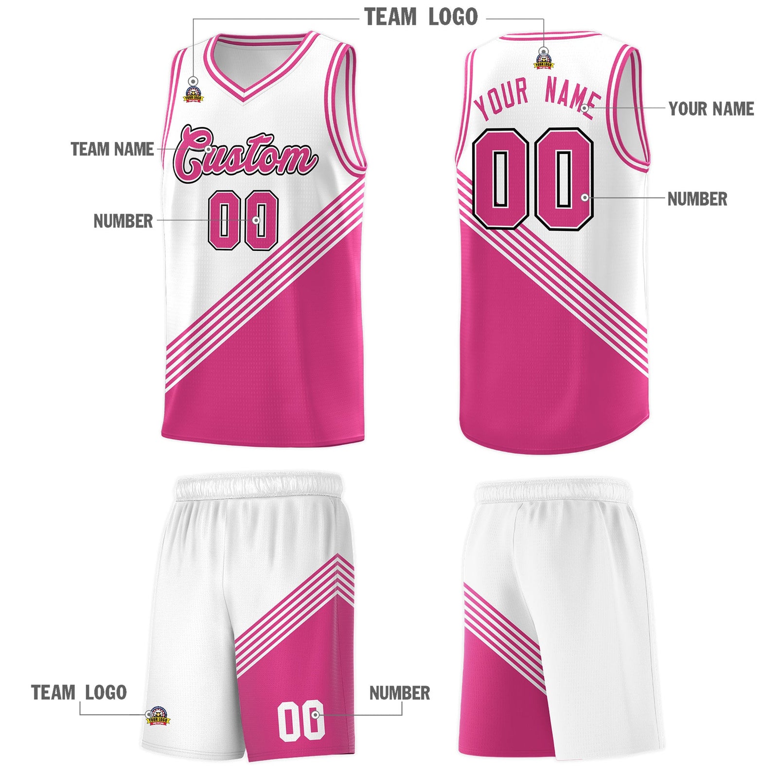 Custom White Pink Diagonal Stripes Color Block Sets Basketball Jersey | For Men,For Youth,Sublimation Printed,Perfect for Training,Perfect for Teams | KXKSHOP