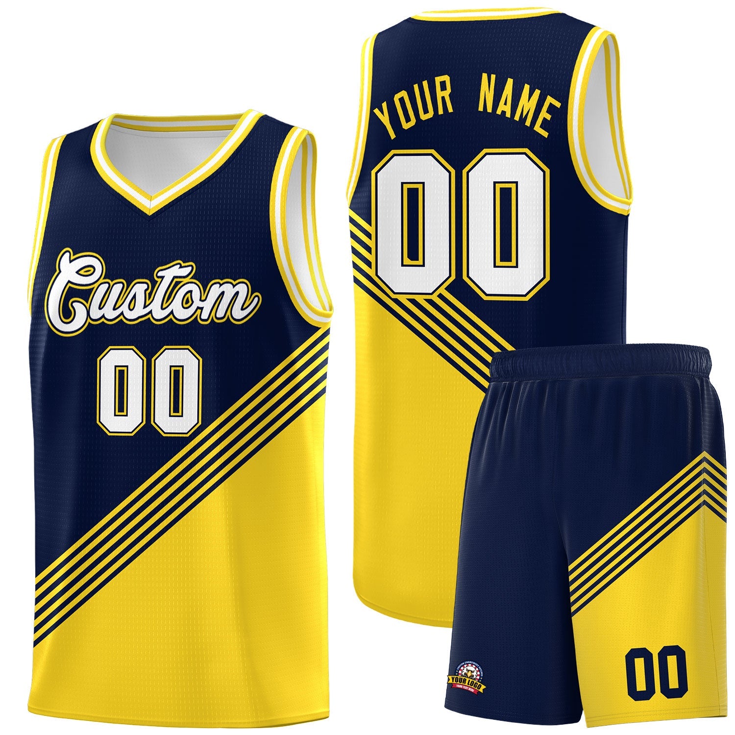 Custom Navy Gold White Diagonal Stripes Color Block Sets Basketball Jersey | For Men,For Youth,Sublimation Printed,Perfect for Training,Perfect for Teams | KXKSHOP