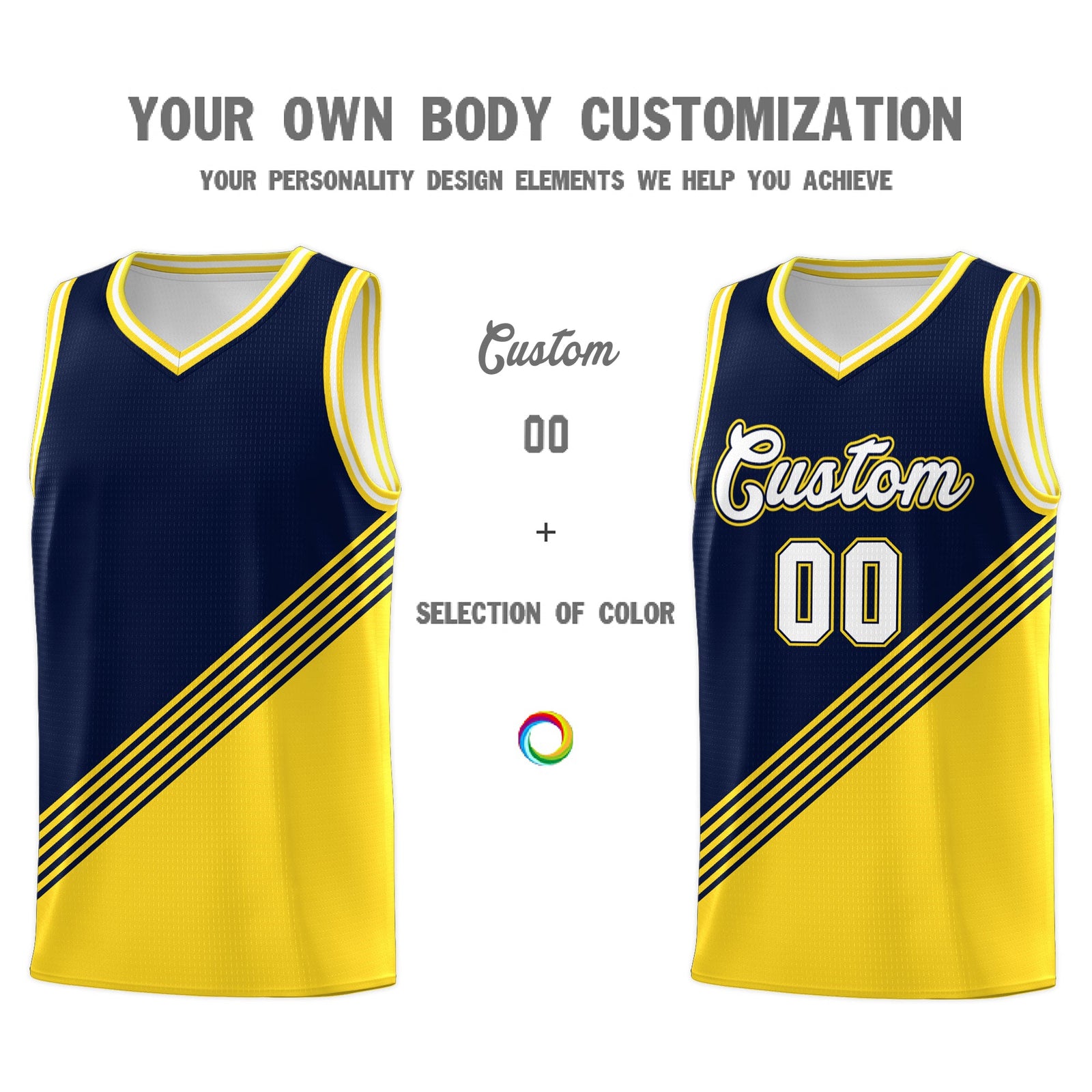 Custom Navy Gold White Diagonal Stripes Color Block Sets Basketball Jersey | For Men,For Youth,Sublimation Printed,Perfect for Training,Perfect for Teams | KXKSHOP