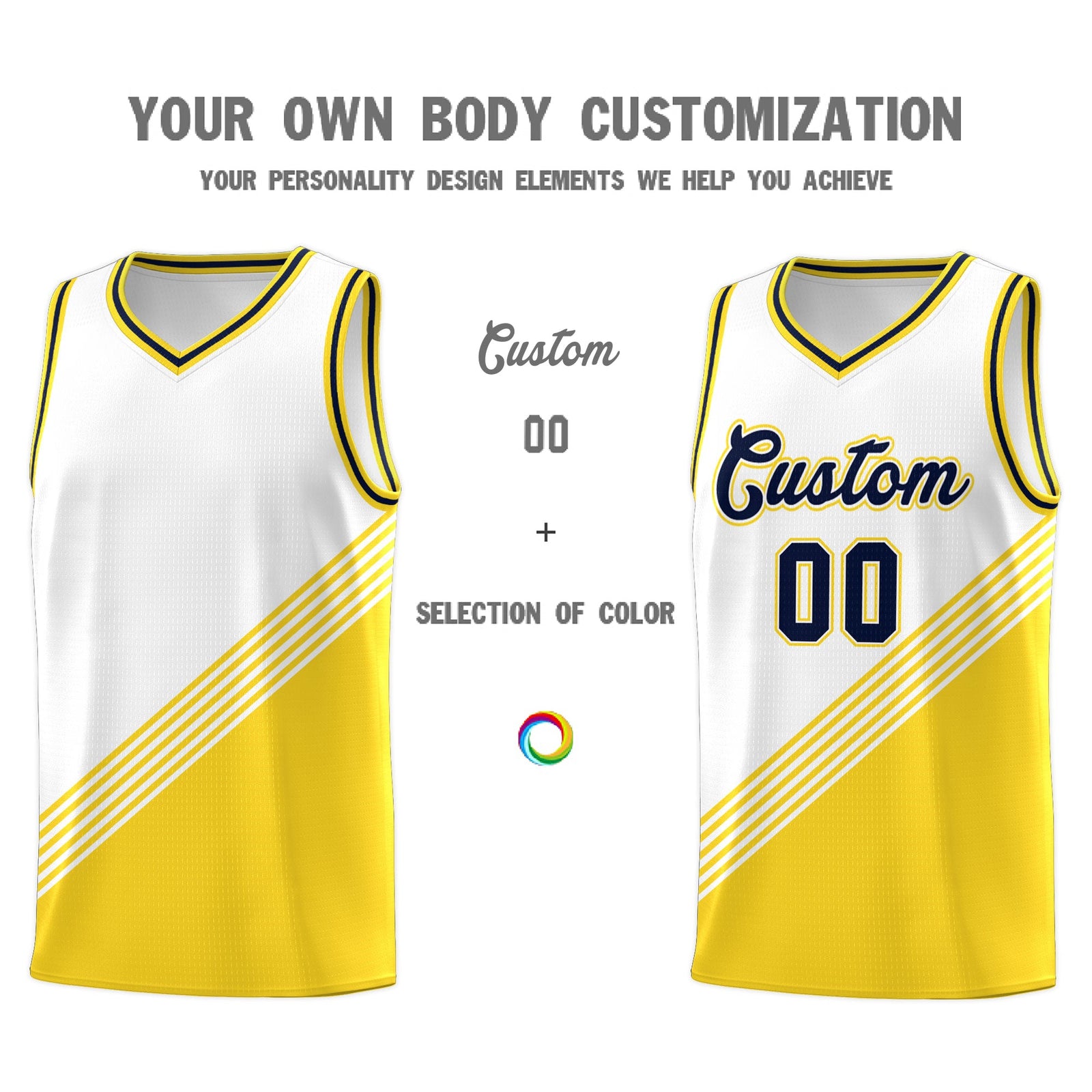 Custom White Gold Navy Diagonal Stripes Color Block Sets Basketball Jersey | For Men,For Youth,Sublimation Printed,Perfect for Training,Perfect for Teams | KXKSHOP