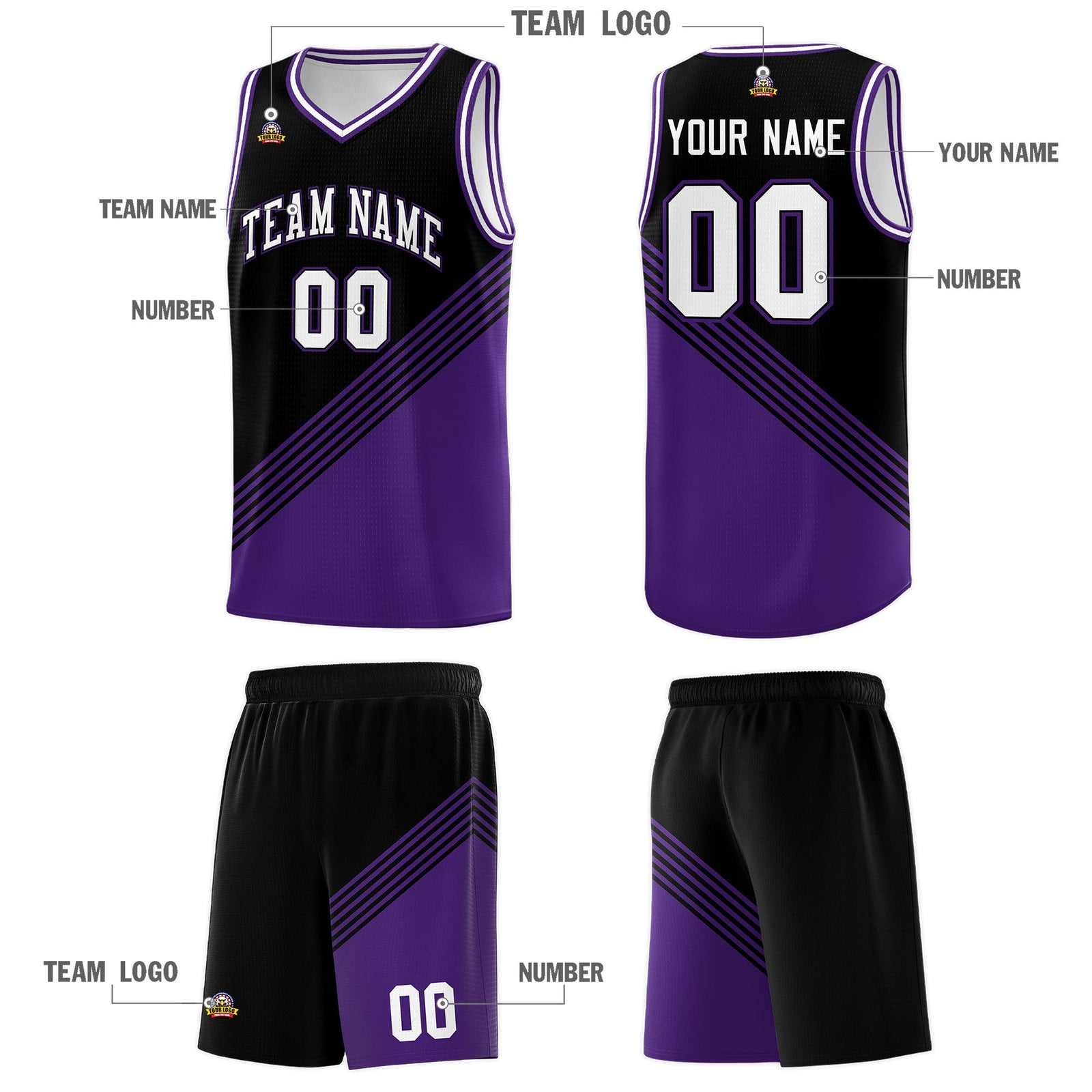 Custom Black Purple White Diagonal Stripes Color Block Sets Basketball Jersey | For Men,For Youth,Sublimation Printed,Perfect for Training,Perfect for Teams | KXKSHOP