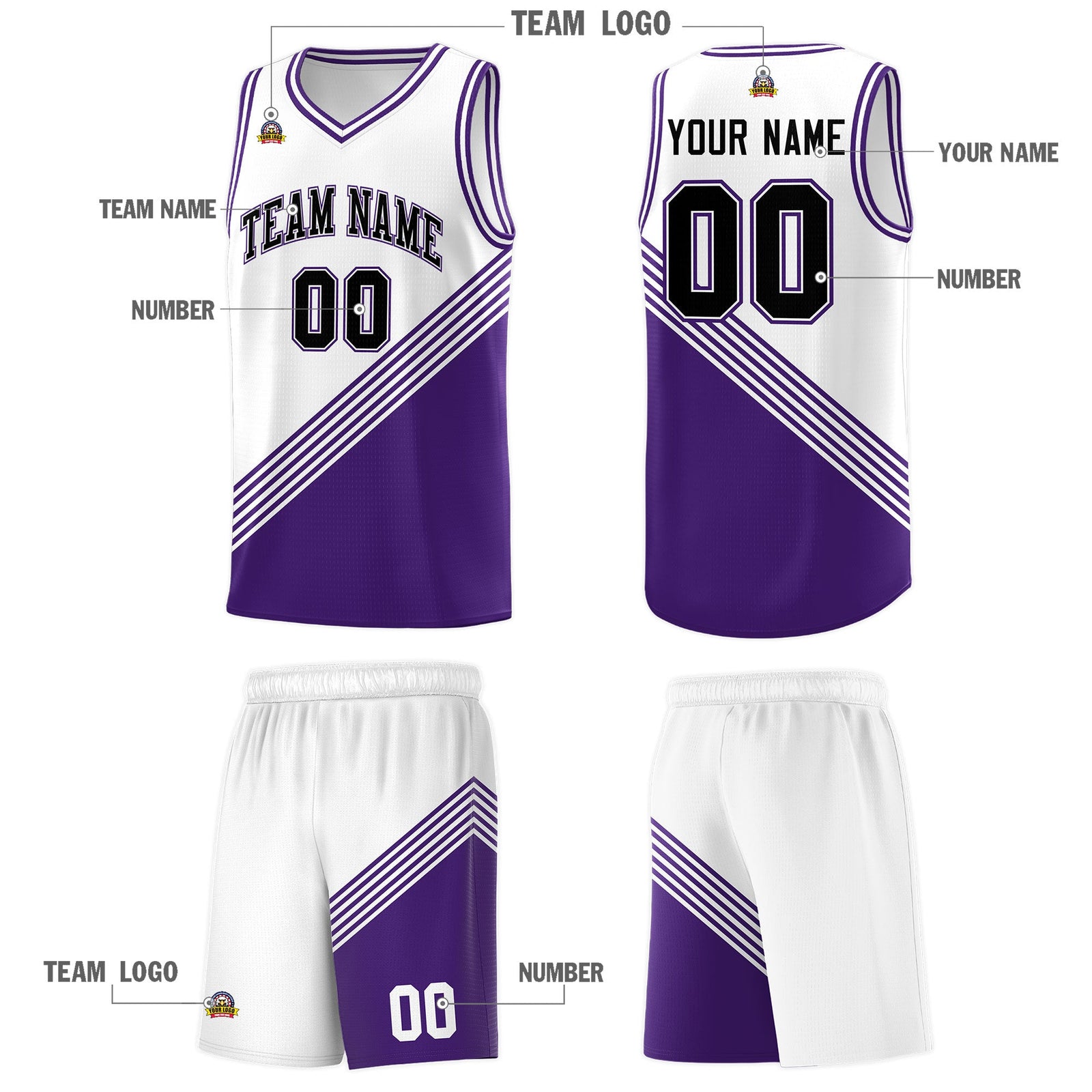 Custom White Purple Diagonal Stripes Color Block Sets Basketball Jersey | For Men,For Youth,Sublimation Printed,Perfect for Training,Perfect for Teams | KXKSHOP