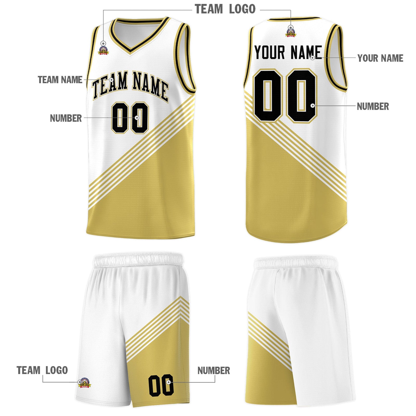 Custom White Old Gold Black Diagonal Stripes Color Block Sets Basketball Jersey | For Men,For Youth,Sublimation Printed,Perfect for Training,Perfect for Teams | KXKSHOP