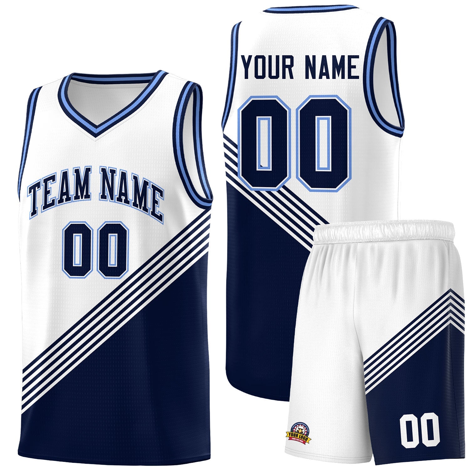 Custom White Navy Light Blue Diagonal Stripes Color Block Sets Basketball Jersey | For Men,For Youth,Sublimation Printed,Perfect for Training,Perfect for Teams | KXKSHOP