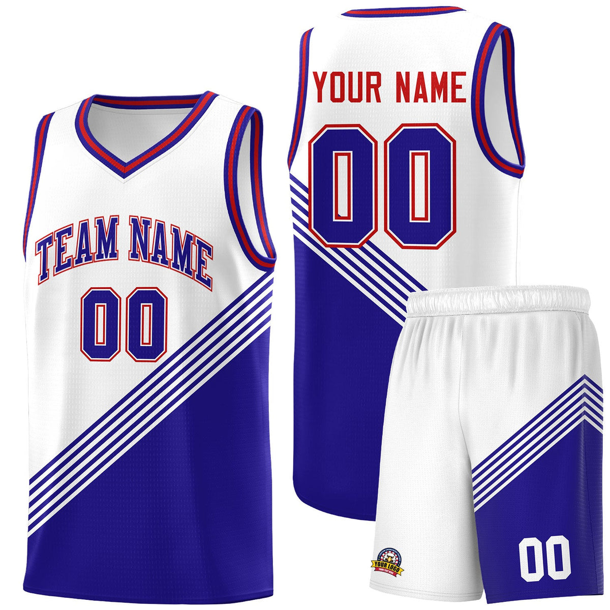 Custom White Royal Blue Red Diagonal Stripes Color Block Sets Basketball Jersey | For Men,For Youth,Sublimation Printed,Perfect for Training,Perfect for Teams | KXKSHOP