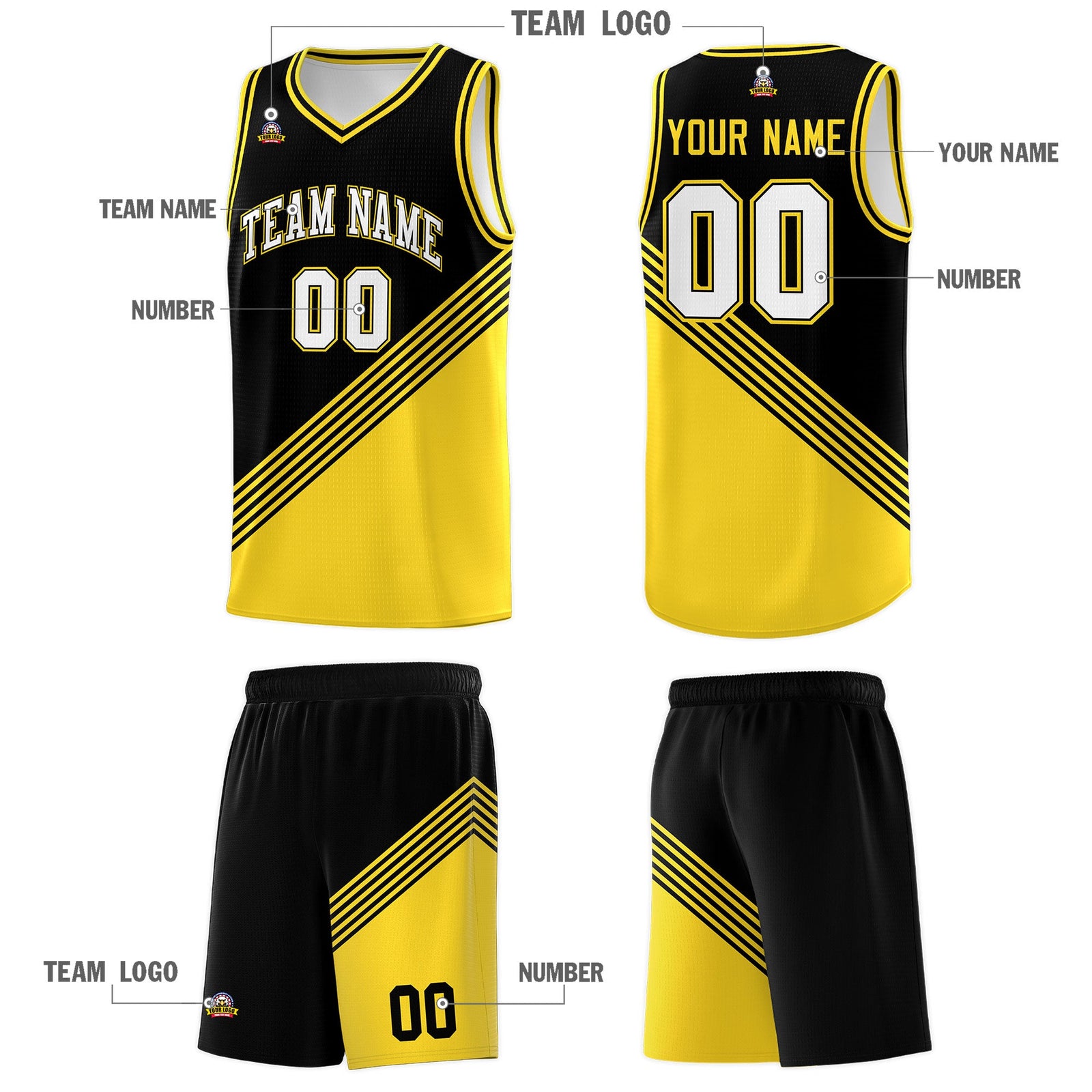 Custom Black Gold Diagonal Stripes Color Block Sets Basketball Jersey | For Men,For Youth,Sublimation Printed,Perfect for Training,Perfect for Teams | KXKSHOP