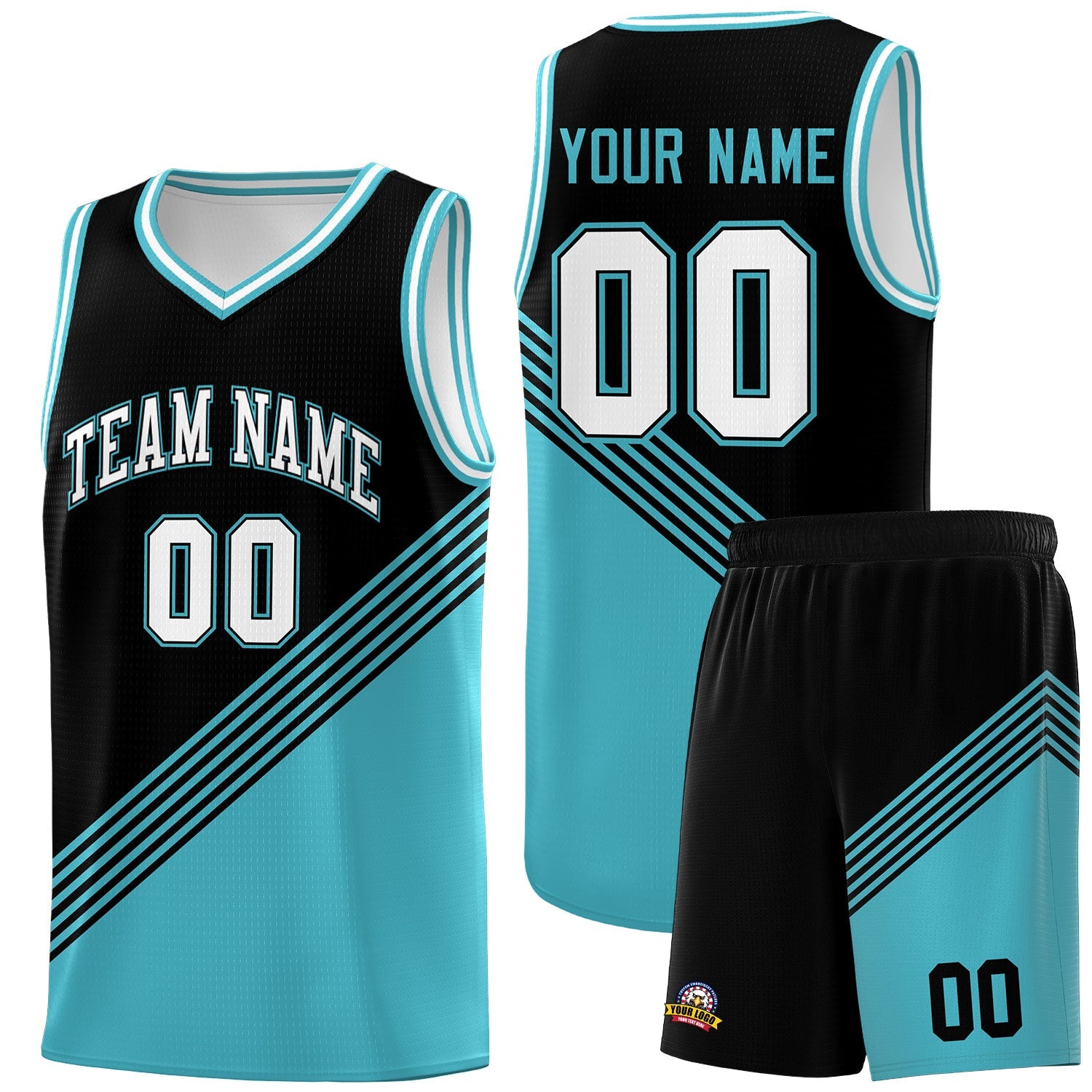 Custom Black Sky Blue White Diagonal Stripes Color Block Sets Basketball Jersey | For Men,For Youth,Sublimation Printed,Perfect for Training,Perfect for Teams | KXKSHOP