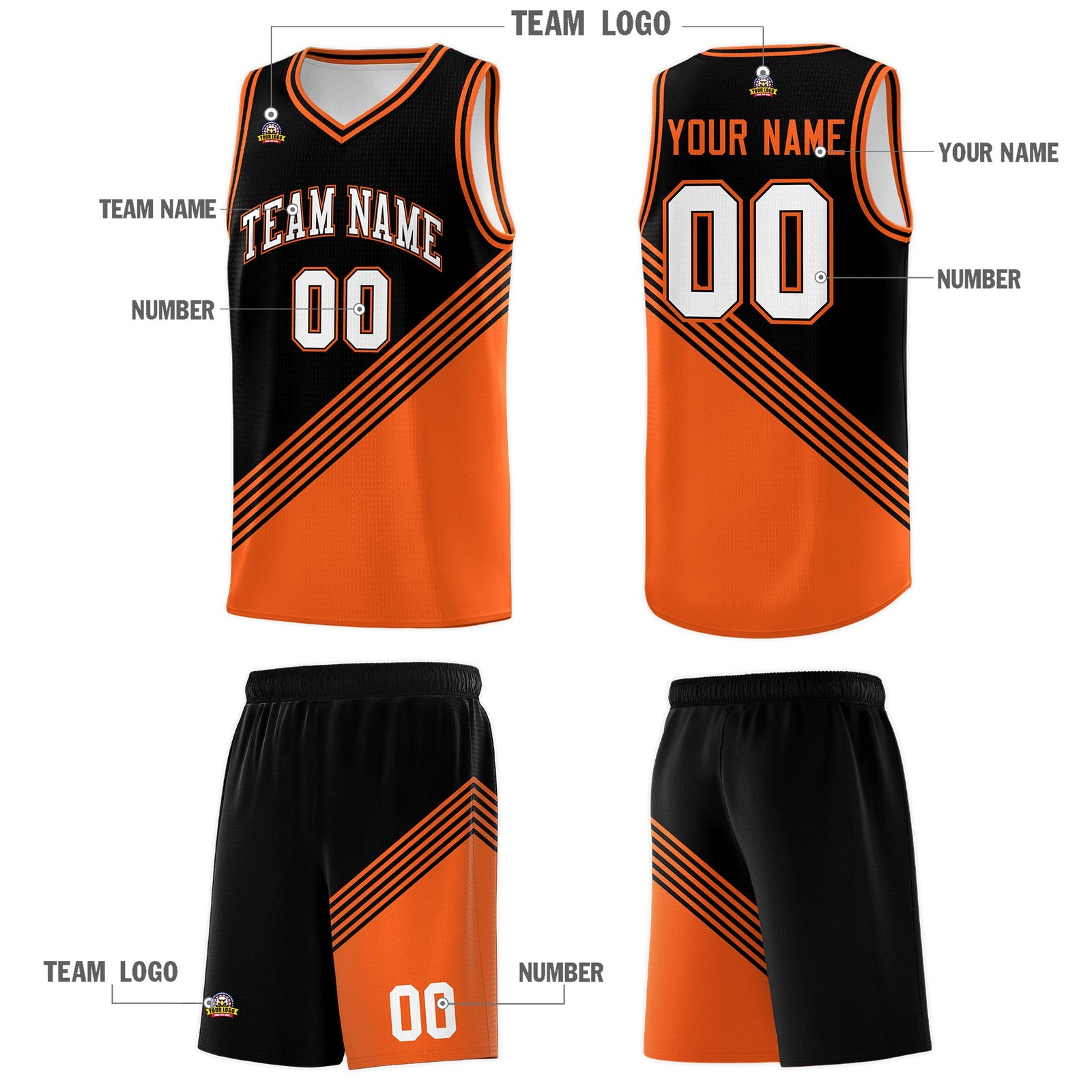 Custom Black Orange Diagonal Stripes Color Block Sets Basketball Jersey | For Men,For Youth,Sublimation Printed,Perfect for Training,Perfect for Teams | KXKSHOP