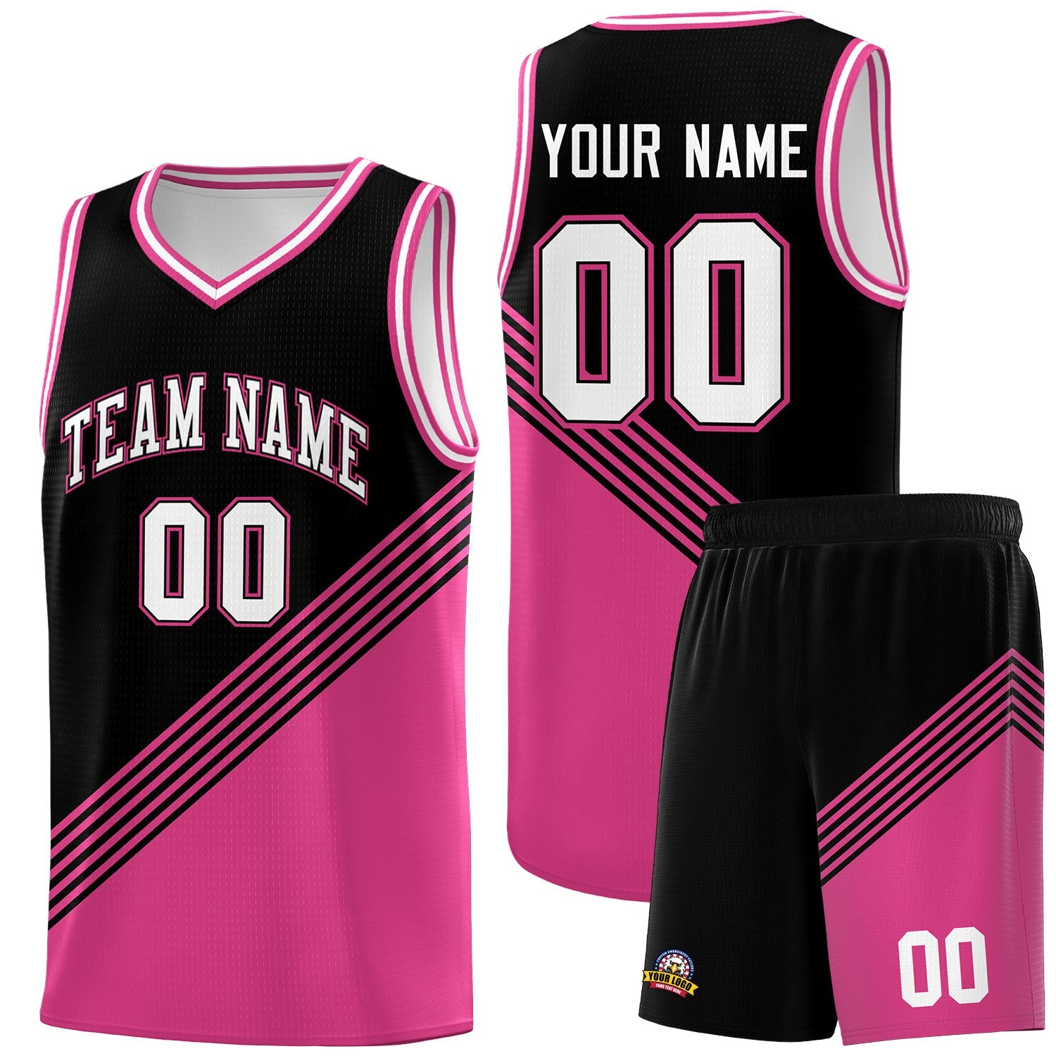 Custom Black Pink White Diagonal Stripes Color Block Sets Basketball Jersey | For Men,For Youth,Sublimation Printed,Perfect for Training,Perfect for Teams | KXKSHOP
