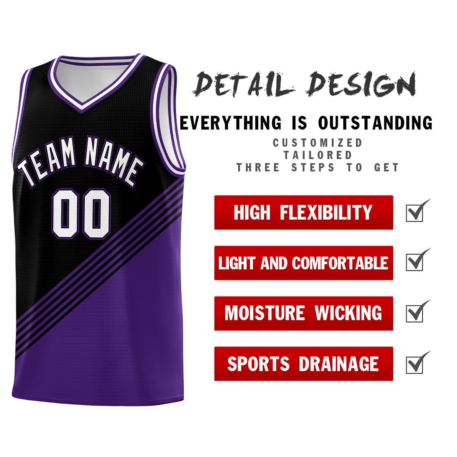 Custom Black Purple White Diagonal Stripes Color Block Sets Basketball Jersey | For Men,For Youth,Sublimation Printed,Perfect for Training,Perfect for Teams | KXKSHOP