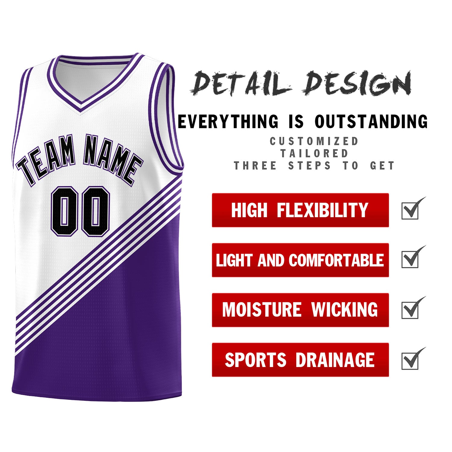 Custom White Purple Diagonal Stripes Color Block Sets Basketball Jersey | For Men,For Youth,Sublimation Printed,Perfect for Training,Perfect for Teams | KXKSHOP