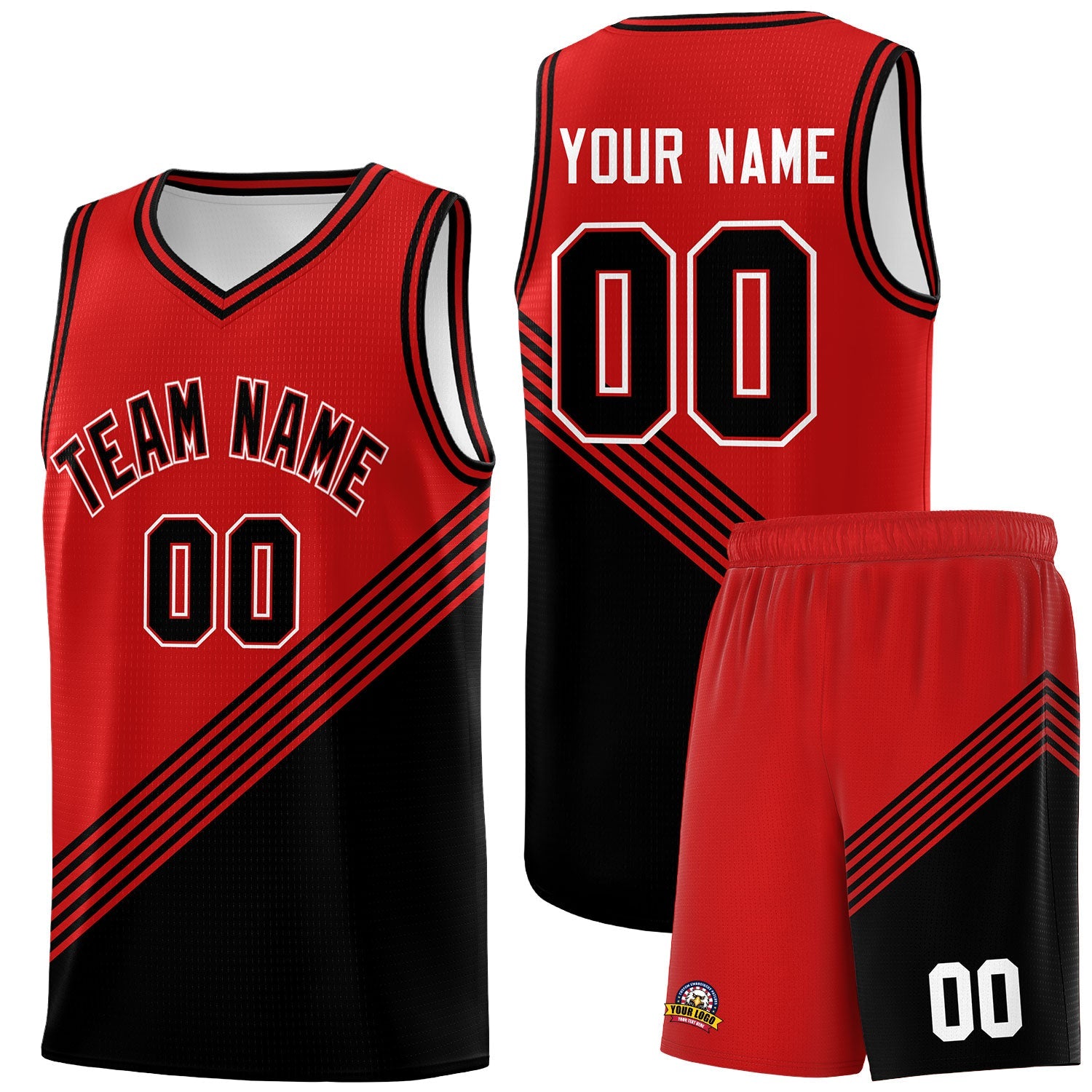 Custom Red Black Diagonal Stripes Color Block Sets Basketball Jersey | For Men,For Youth,Sublimation Printed,Perfect for Training,Perfect for Teams | KXKSHOP