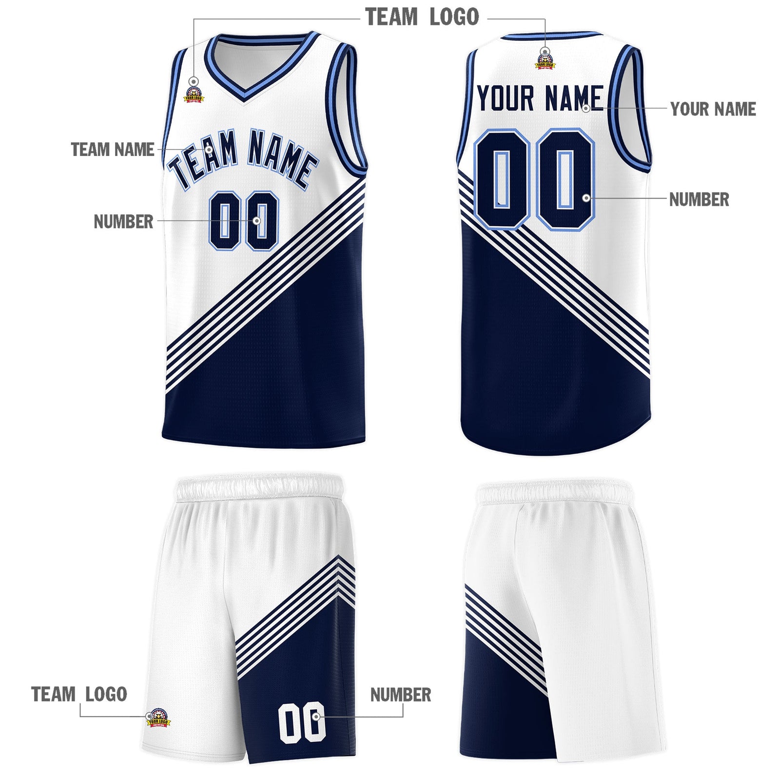 Custom White Navy Light Blue Diagonal Stripes Color Block Sets Basketball Jersey | For Men,For Youth,Sublimation Printed,Perfect for Training,Perfect for Teams | KXKSHOP